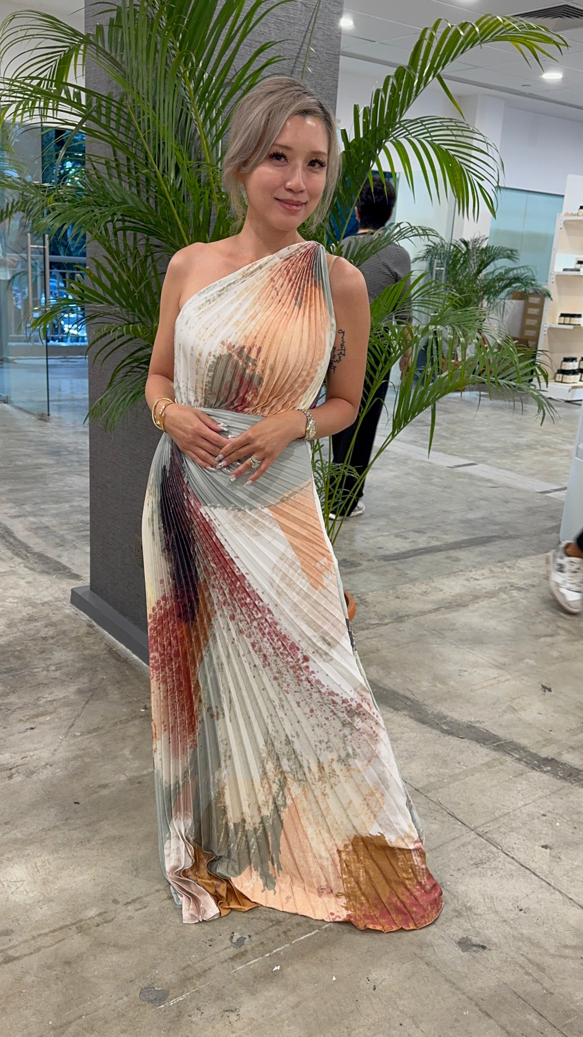 The Parrot | Signature Pleated Toga Evening Gown (Splash print)
