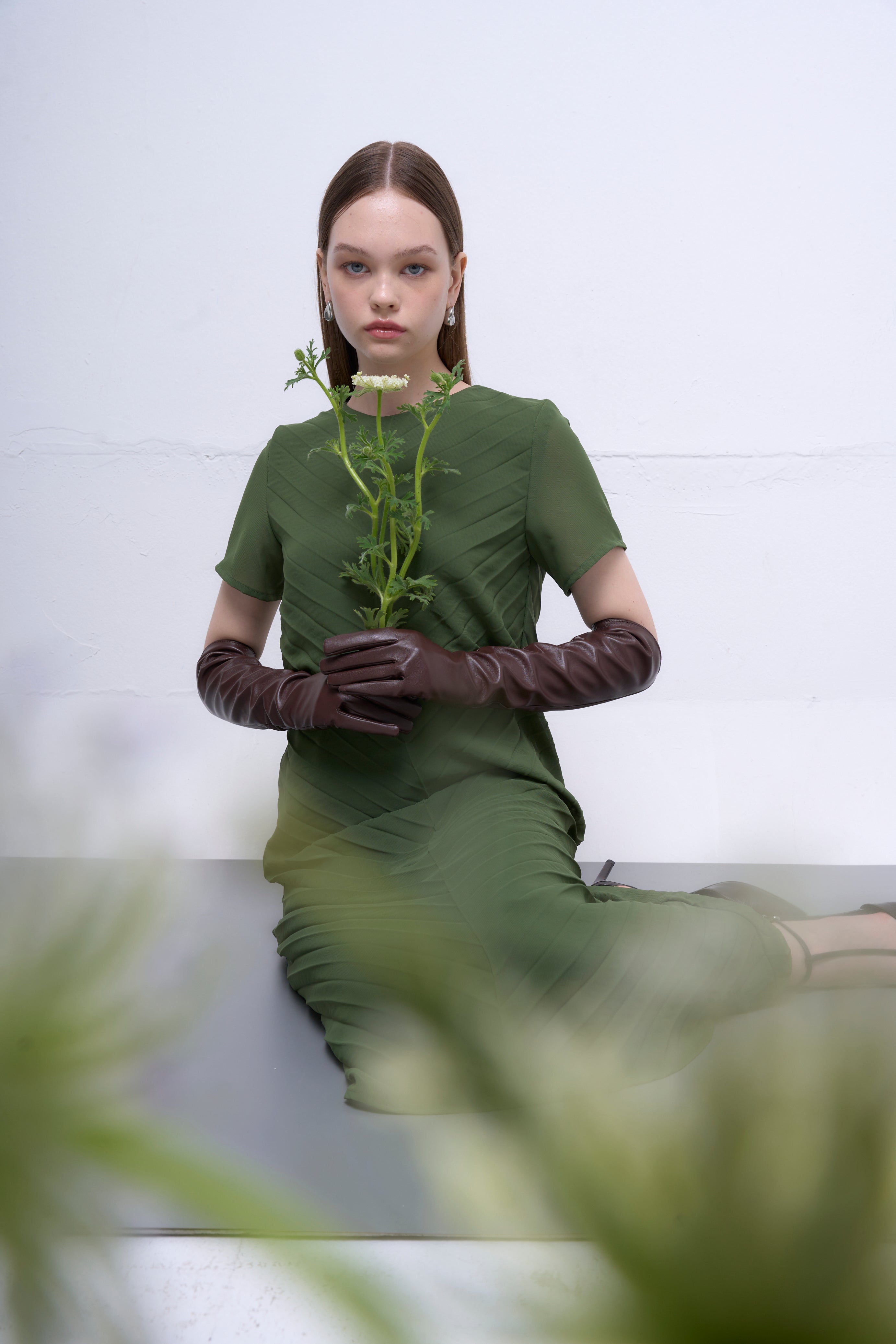 The Parrot | Liora Green Chiffon Pleated Sleeved Dress
