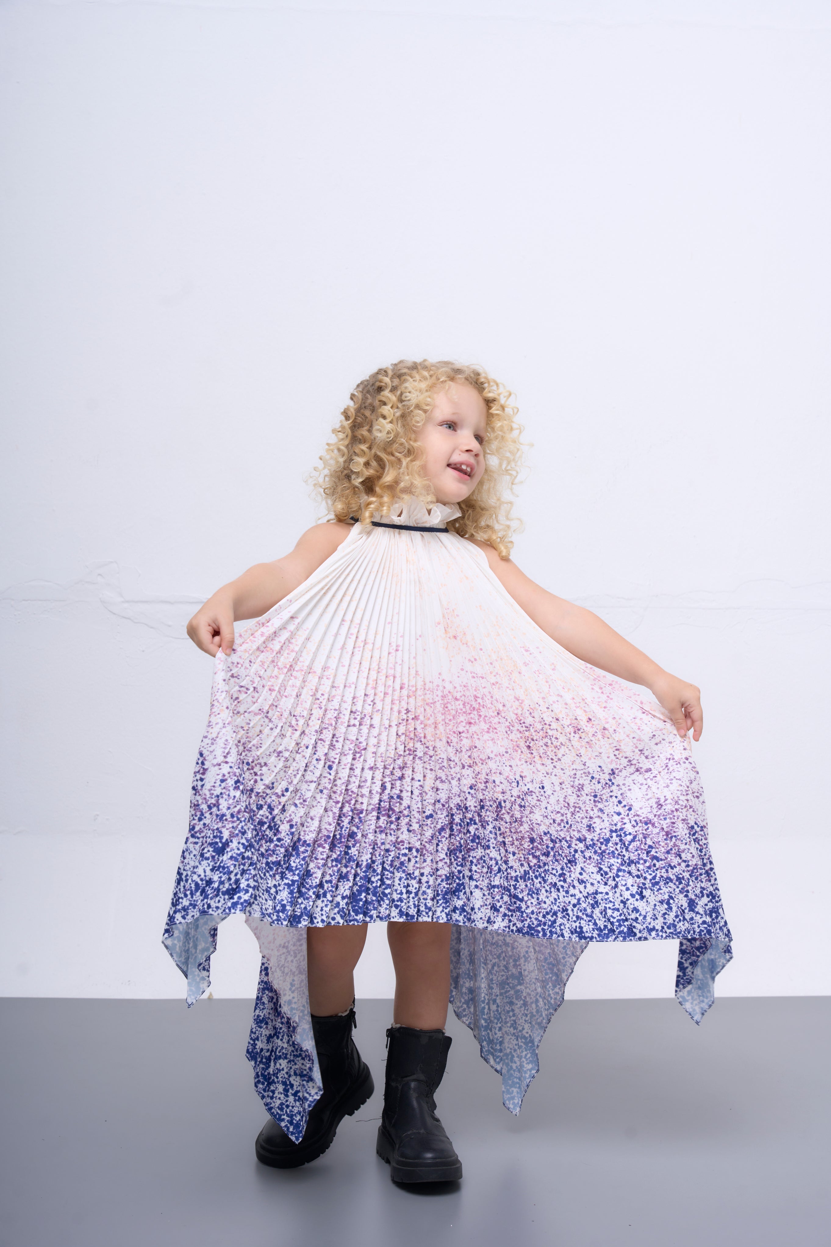 The Parrot | Aurora Blue Halter Snowflake Pleated Dress - Girl