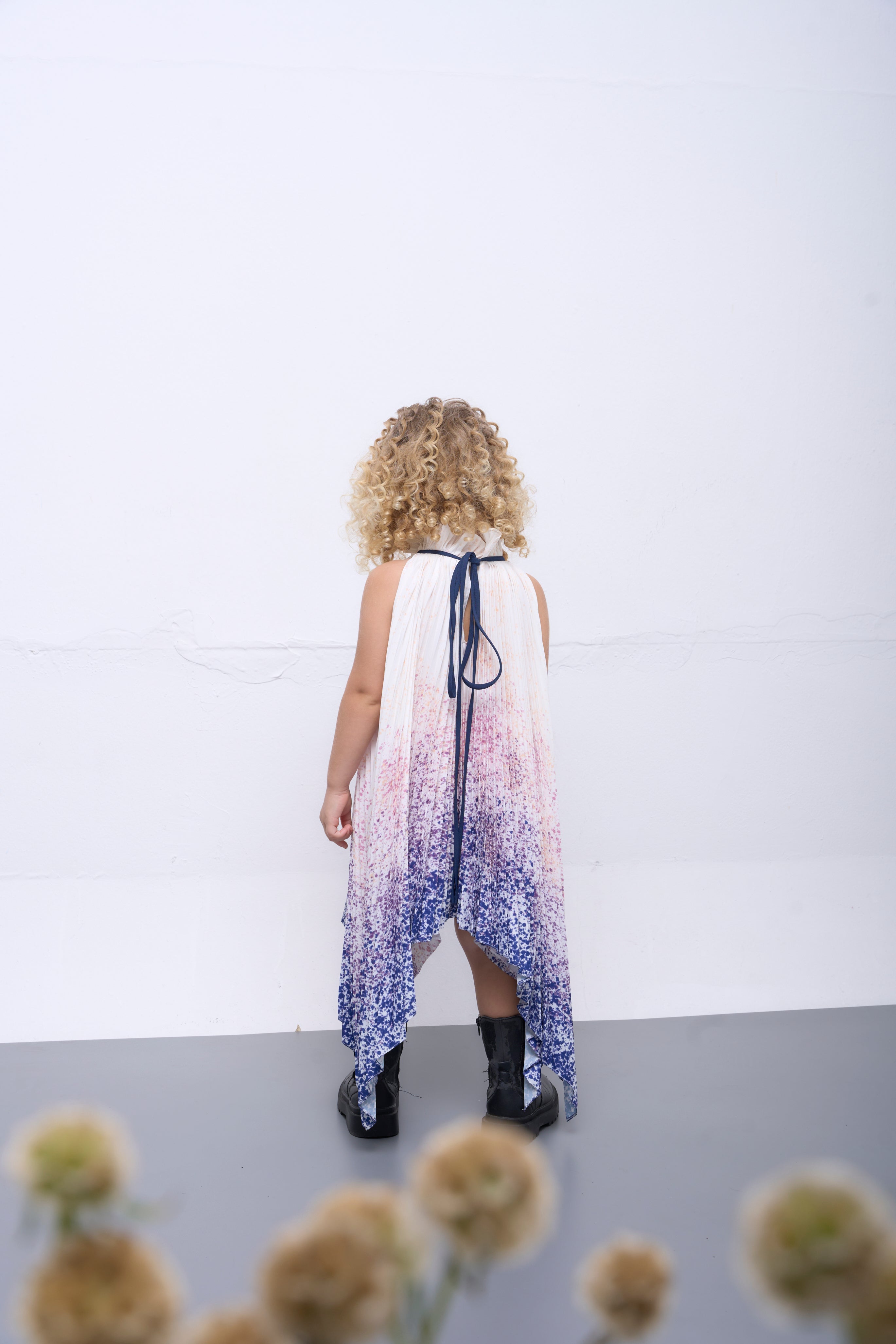 The Parrot | Aurora Blue Halter Snowflake Pleated Dress - Girl