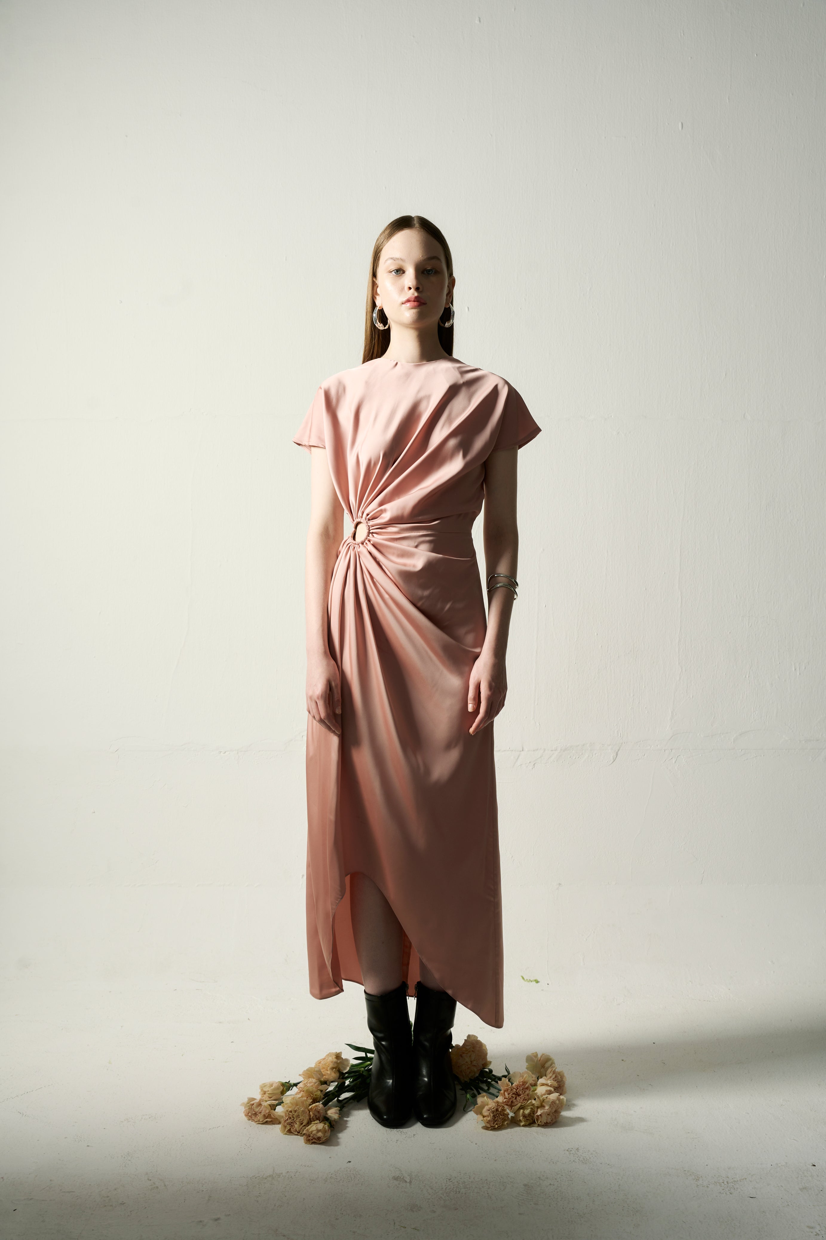 The Parrot | Elara Midi Roux Drape Dress - Champagne Pink