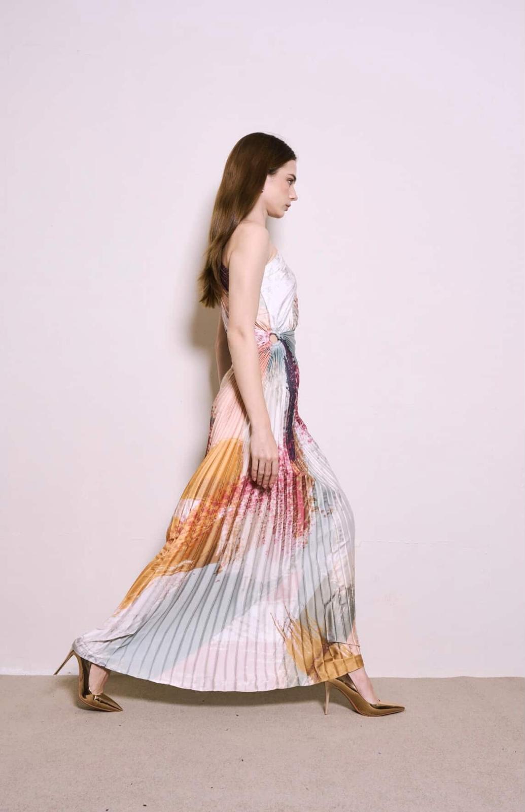 The Parrot | Signature Pleated Toga Evening Gown (Splash print)
