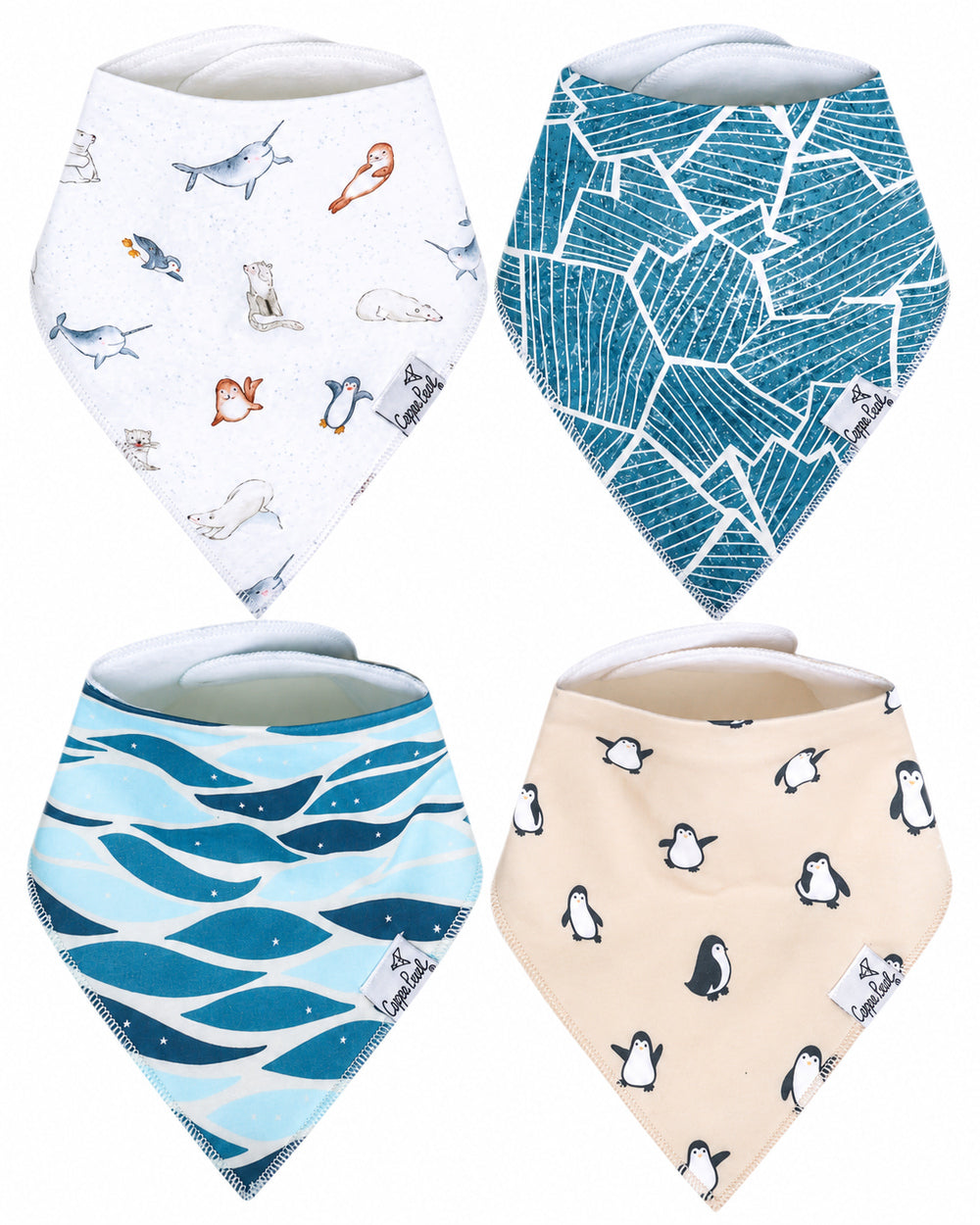Copper Pearl Arctic Wonder four-pack baby bandana bibs with Arctic animals, waves, penguins and geometric prints