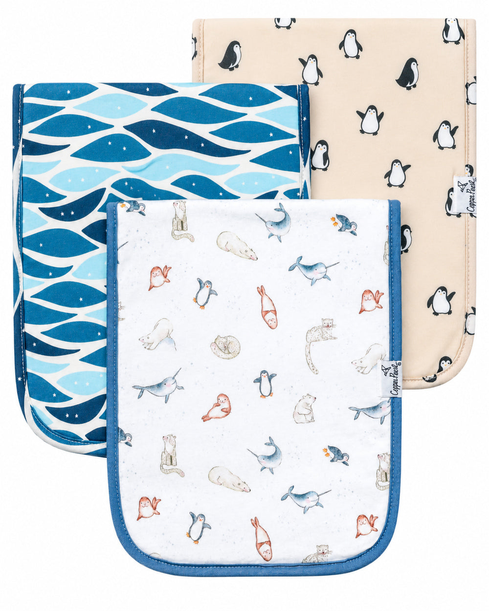 copper-pearl-arctic-wonder-baby-burp-cloths-3-pack.jpg Copper Pearl Arctic Wonder three-pack baby burp cloths in animal, blue wave and penguin prints
