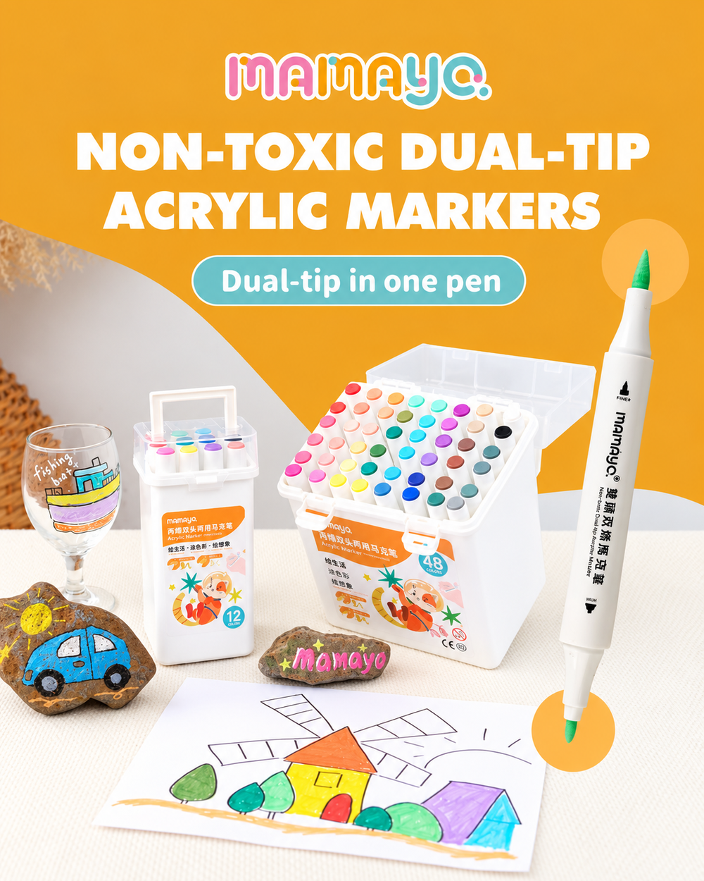 non toxic acrylic markers|dual tip paint pens|kids art supplies|washable coloring markers|creative drawing tools