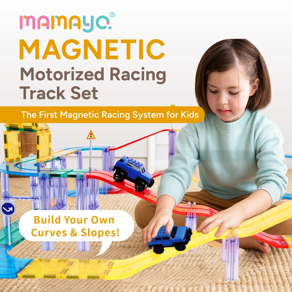 kids magnetic racing track|motorized magnetic tiles|STEM toy playset|DIY race track for kids|creative learning toy