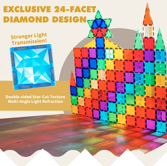 magnetic tiles|diamond texture tiles|light reflection toy|transparent building blocks|STEM sensory toy