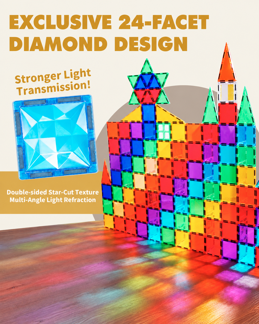 magnetic tiles|diamond texture tiles|light reflection toy|transparent building blocks|STEM sensory toy