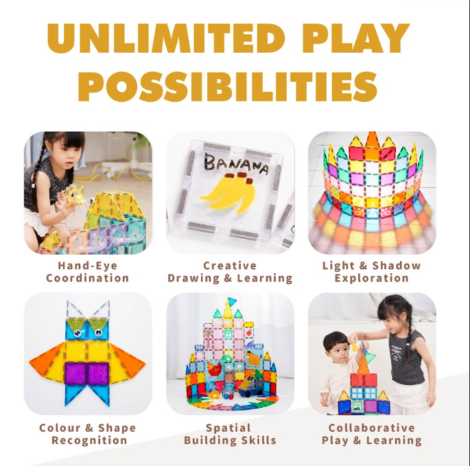 Mamayo magnetic tiles|STEM learning toy|creative play|spatial skills|hand-eye coordination|color and shapes|classic