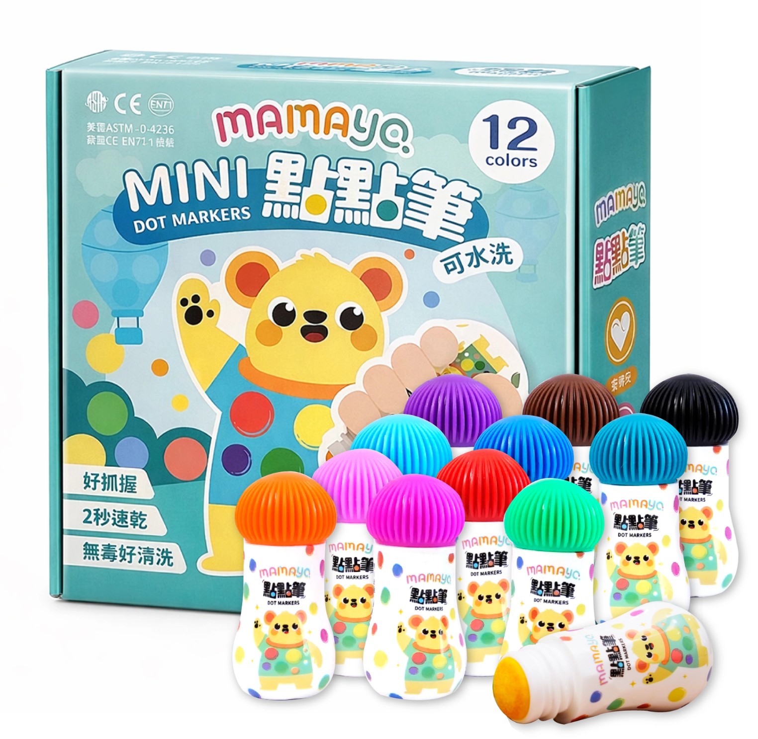 Mamayo|mini dot markers 12 colors|washable|non toxic art markers|toddlers|preschool kids|creative play|sensory art