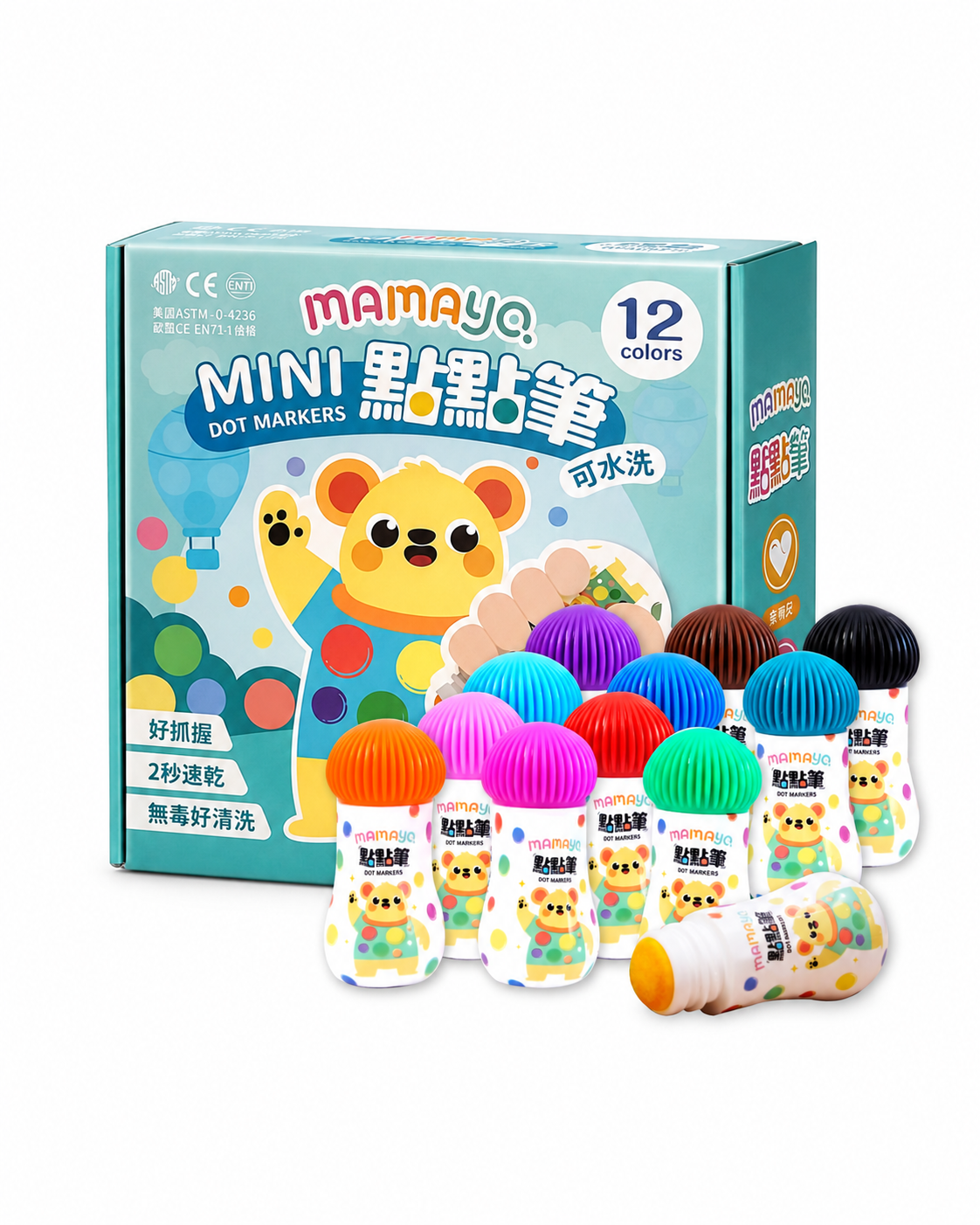 Mamayo|mini dot markers 12 colors|washable|non toxic art markers|toddlers|preschool kids|creative play|sensory art