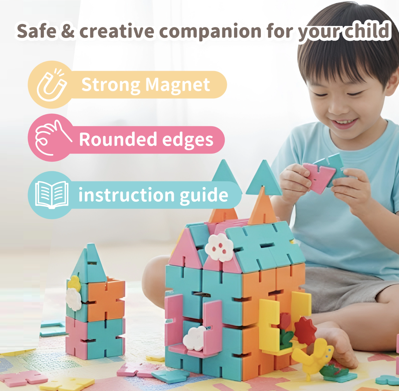 safe magnetic tiles|rounded edge building toy|strong magnet blocks|kids STEM learning toy|creative play