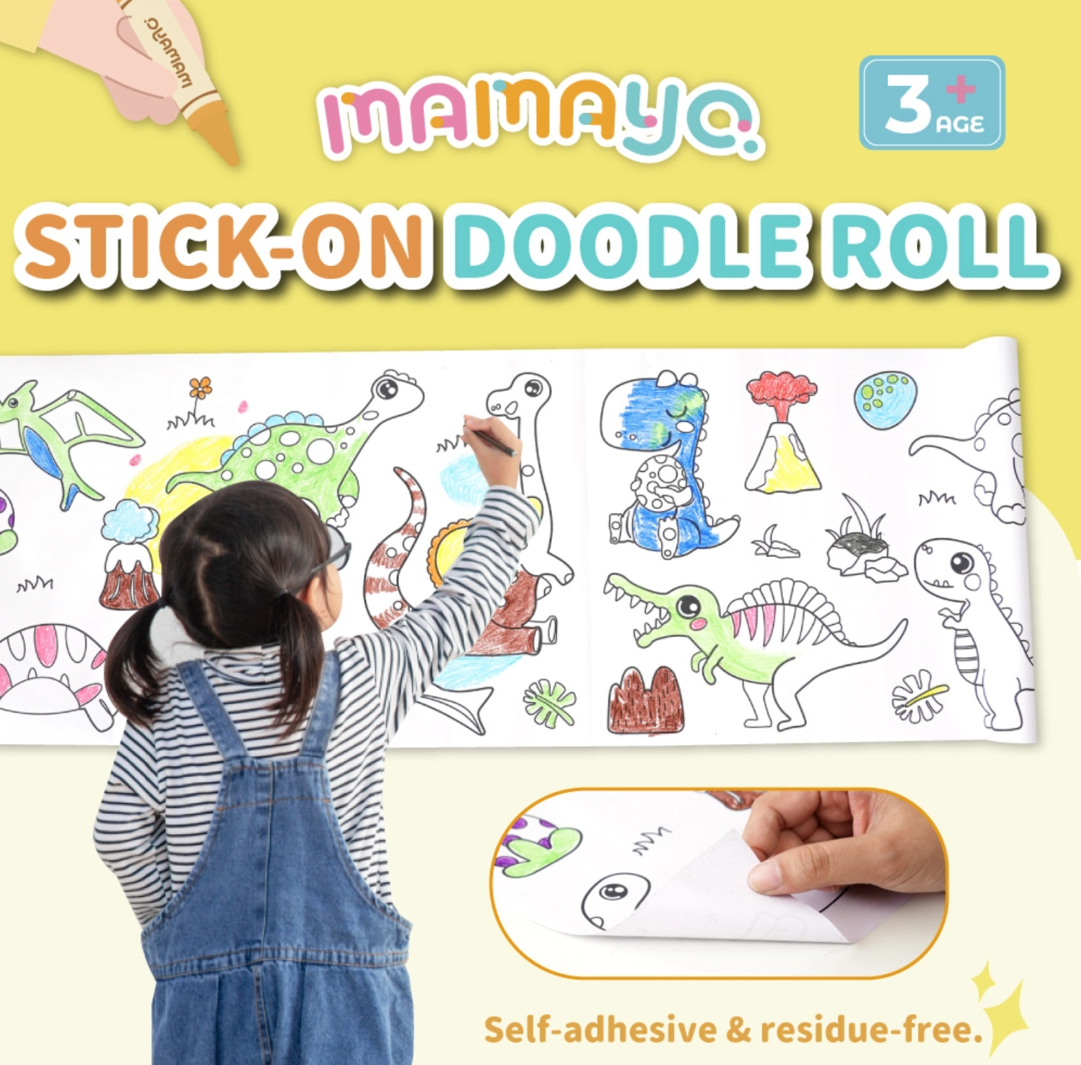 Mamayo| stick on doodle roll|self adhesive coloring roll|kids wall coloring paper|mess free toddler activity
