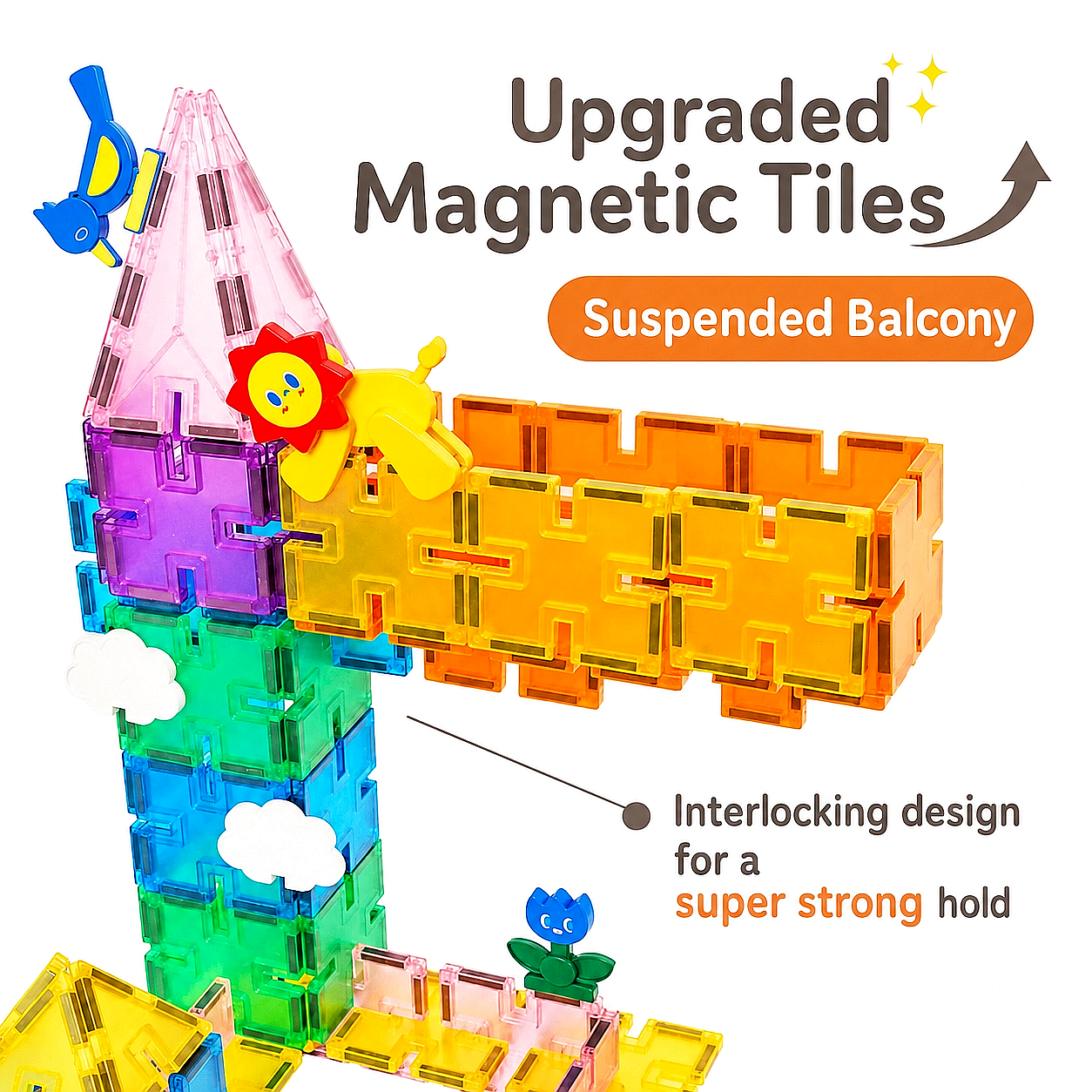 magnetic tile tower|snaplock building blocks|kids construction toy|creative STEM play|strong magnetic tiles