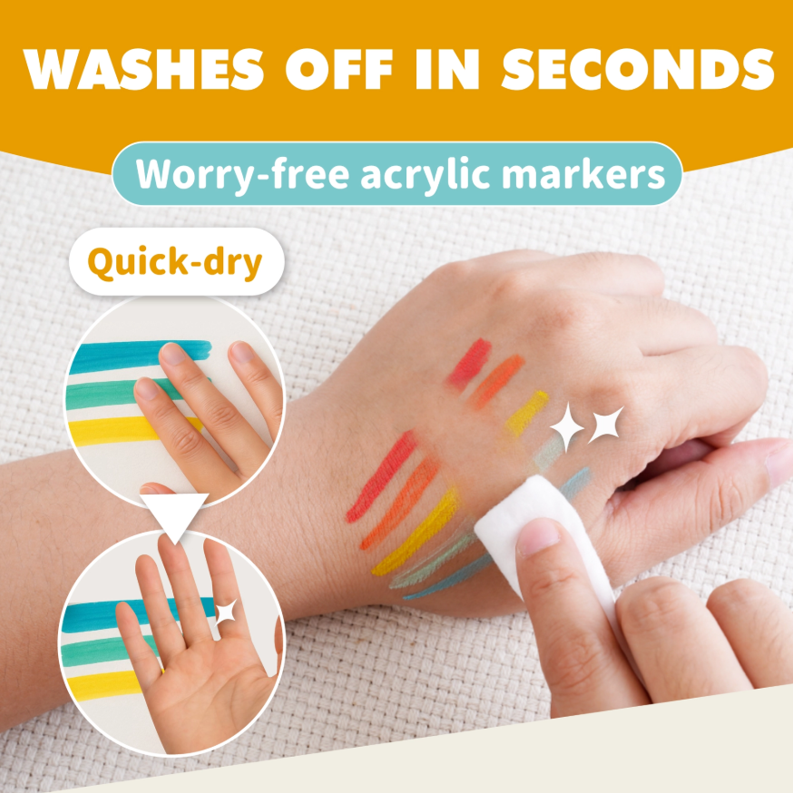 washable acrylic markers|quick dry paint pens|easy clean kids markers|non toxic coloring pens|kids craft supplies