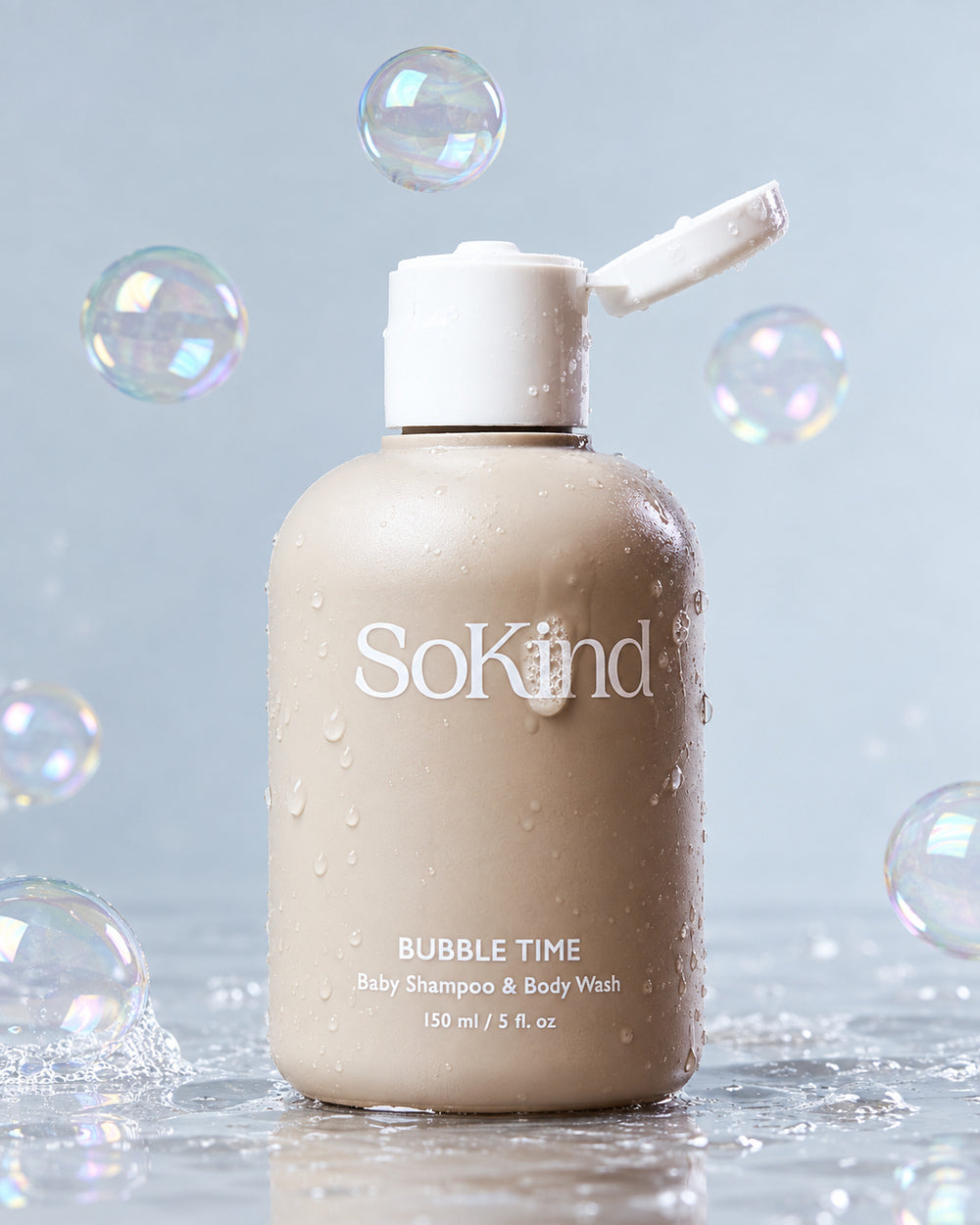 SoKind Bubble Time Baby Shampoo & Body Wash 150 ml bottle with open cap beside its beige box