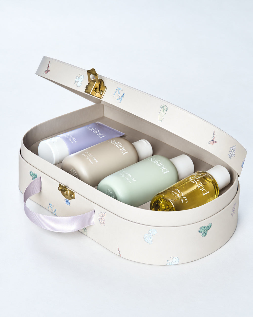 SoKind Dear Baby skincare gift set with four products inside an open patterned carry case