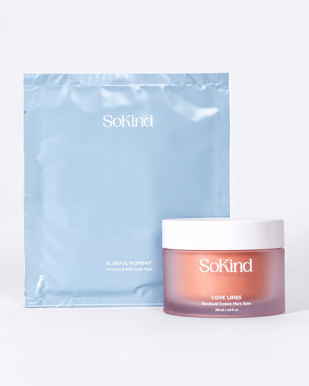 SoKind Love Lines stretch mark balm beside a Blissful Moment nourishing belly sheet mask