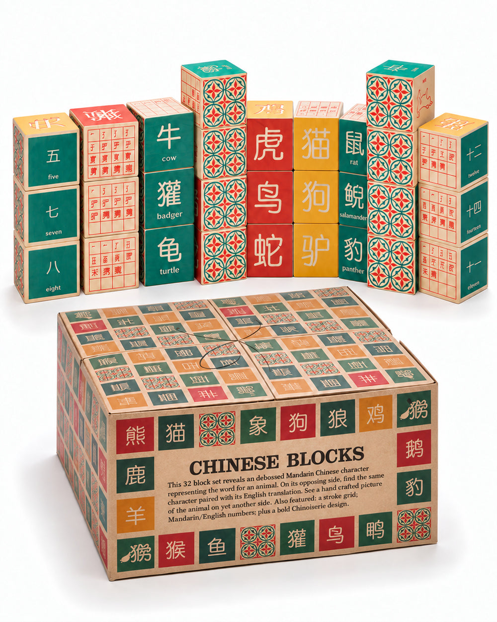 Uncle Goose Chinese wooden blocks with Mandarin characters and English translations beside their box