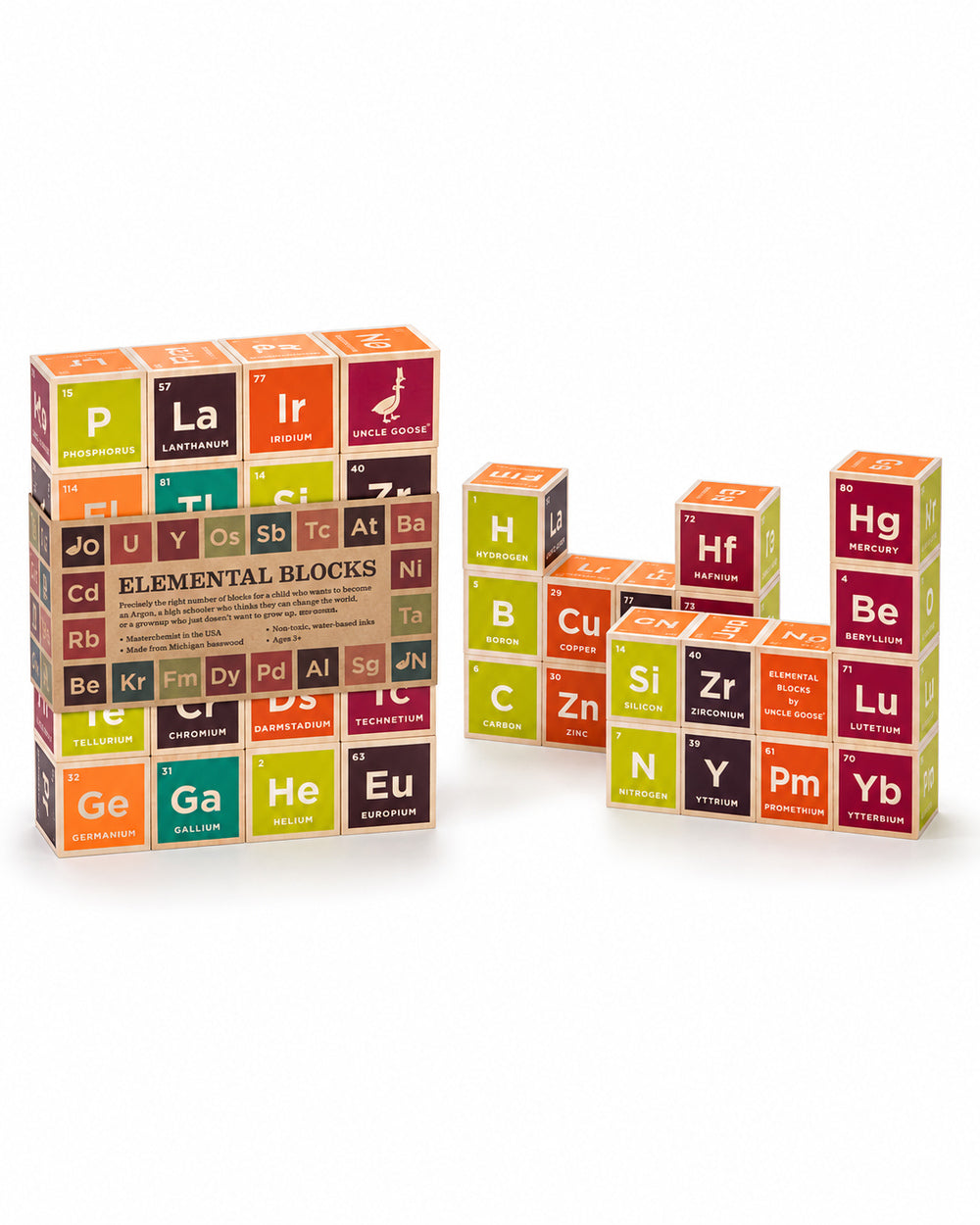Uncle Goose Elemental periodic table wooden blocks with their product packaging