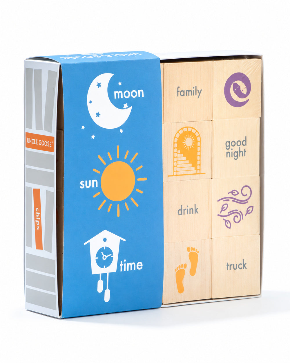 Uncle Goose English word and picture wooden chips in a blue moon, sun and clock box