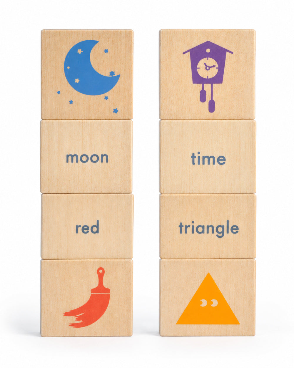 Uncle Goose wooden chips with moon, red, time and triangle words and matching illustrations