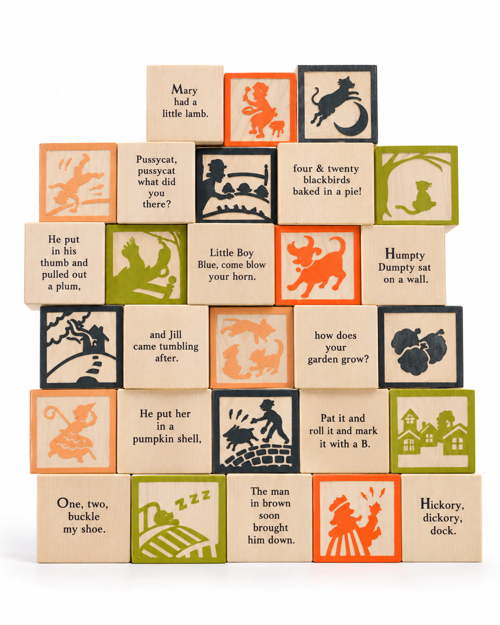 Stacked Uncle Goose Nursery Rhyme wooden blocks with printed verses and colourful illustrations