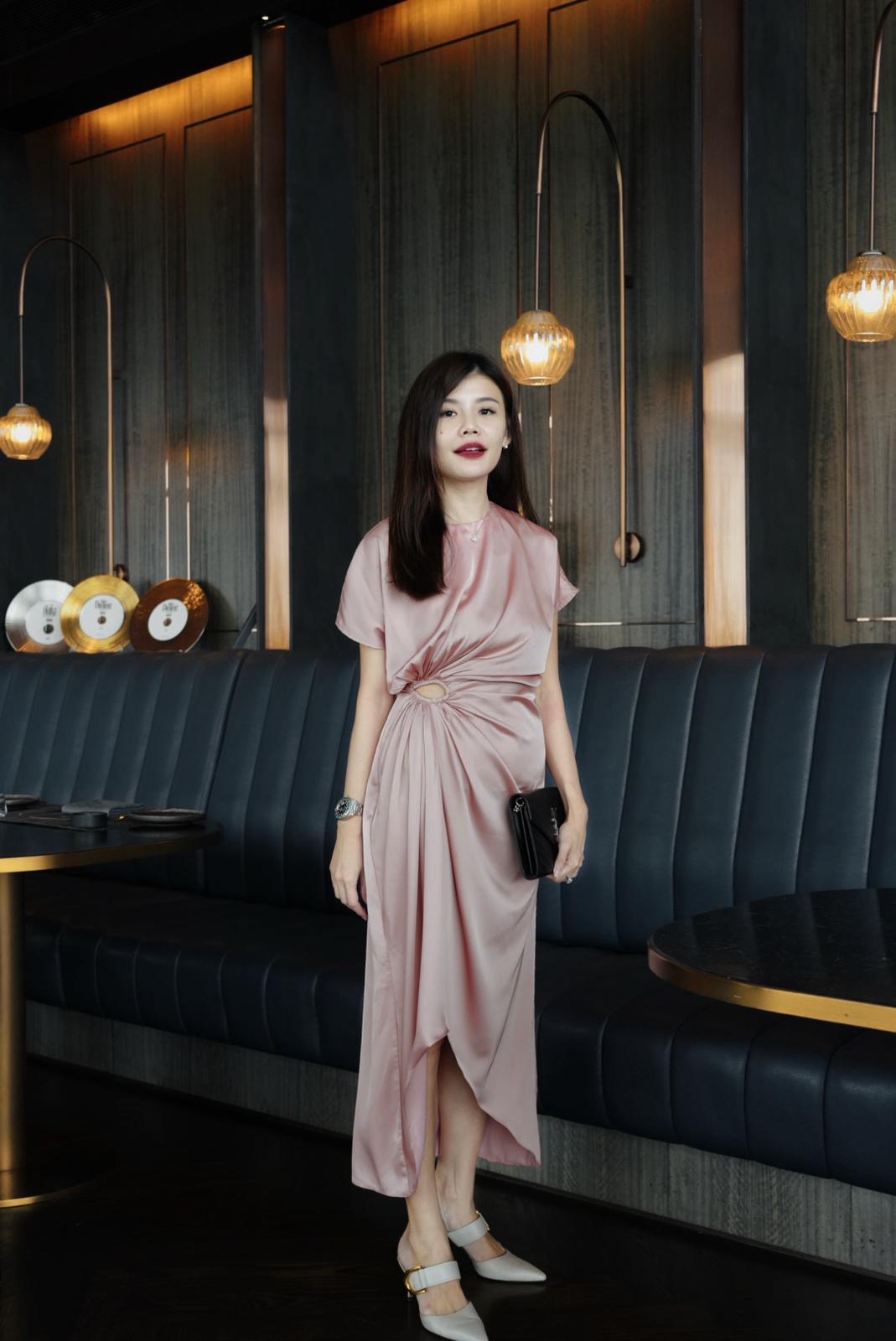 The Parrot | Elara Midi Roux Drape Dress - Champagne Pink