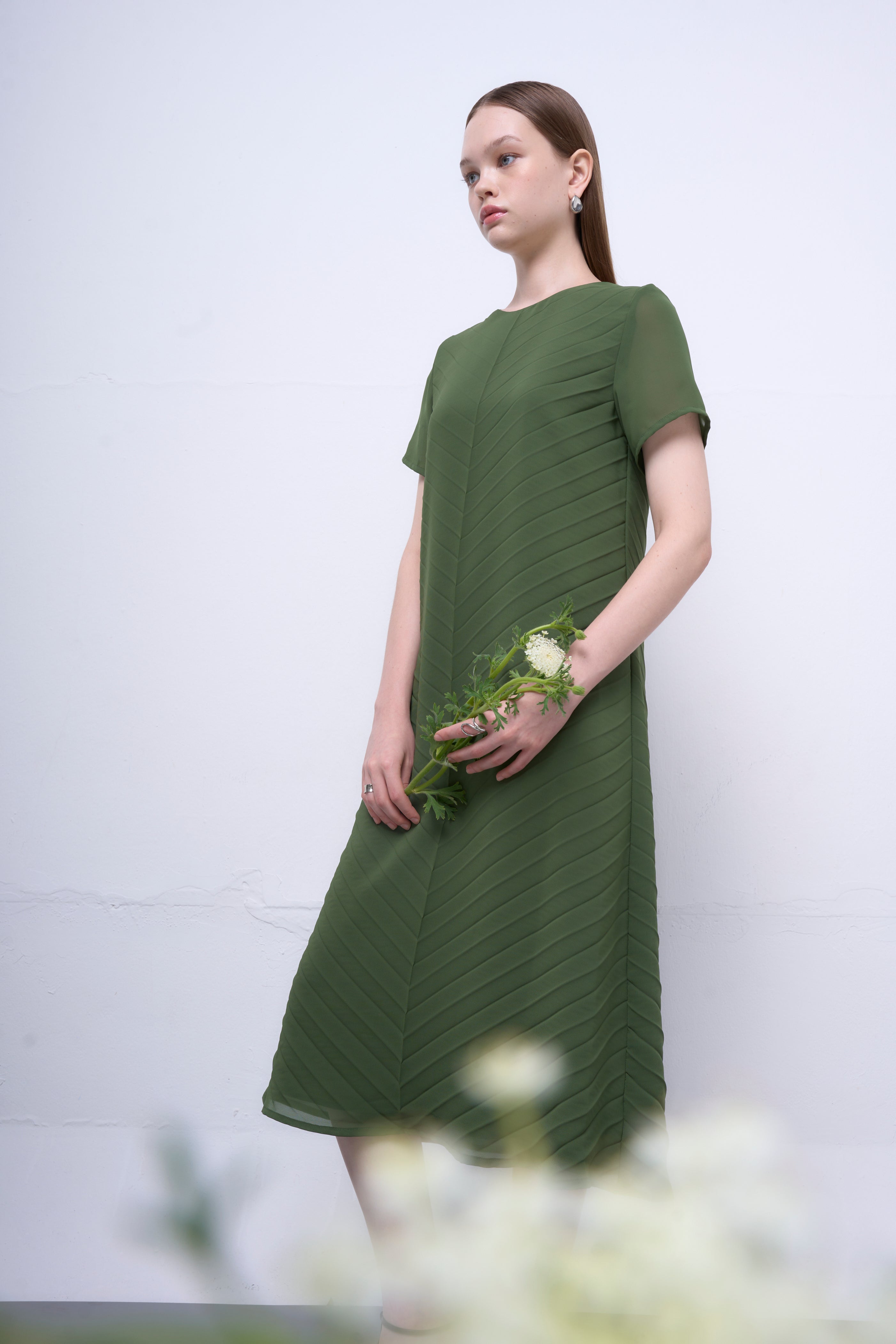 The Parrot | Liora Green Chiffon Pleated Sleeved Dress