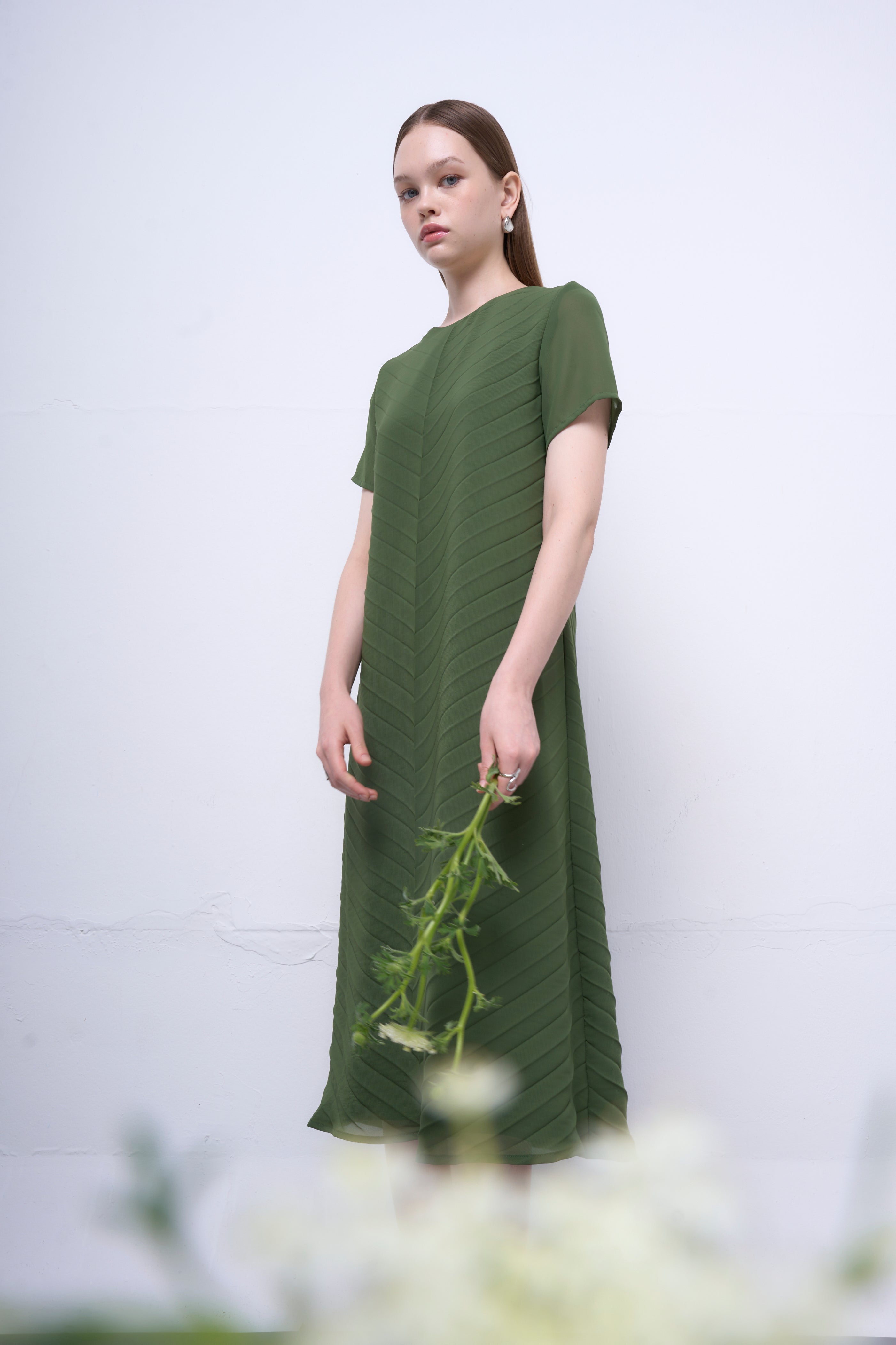 The Parrot | Liora Green Chiffon Pleated Sleeved Dress