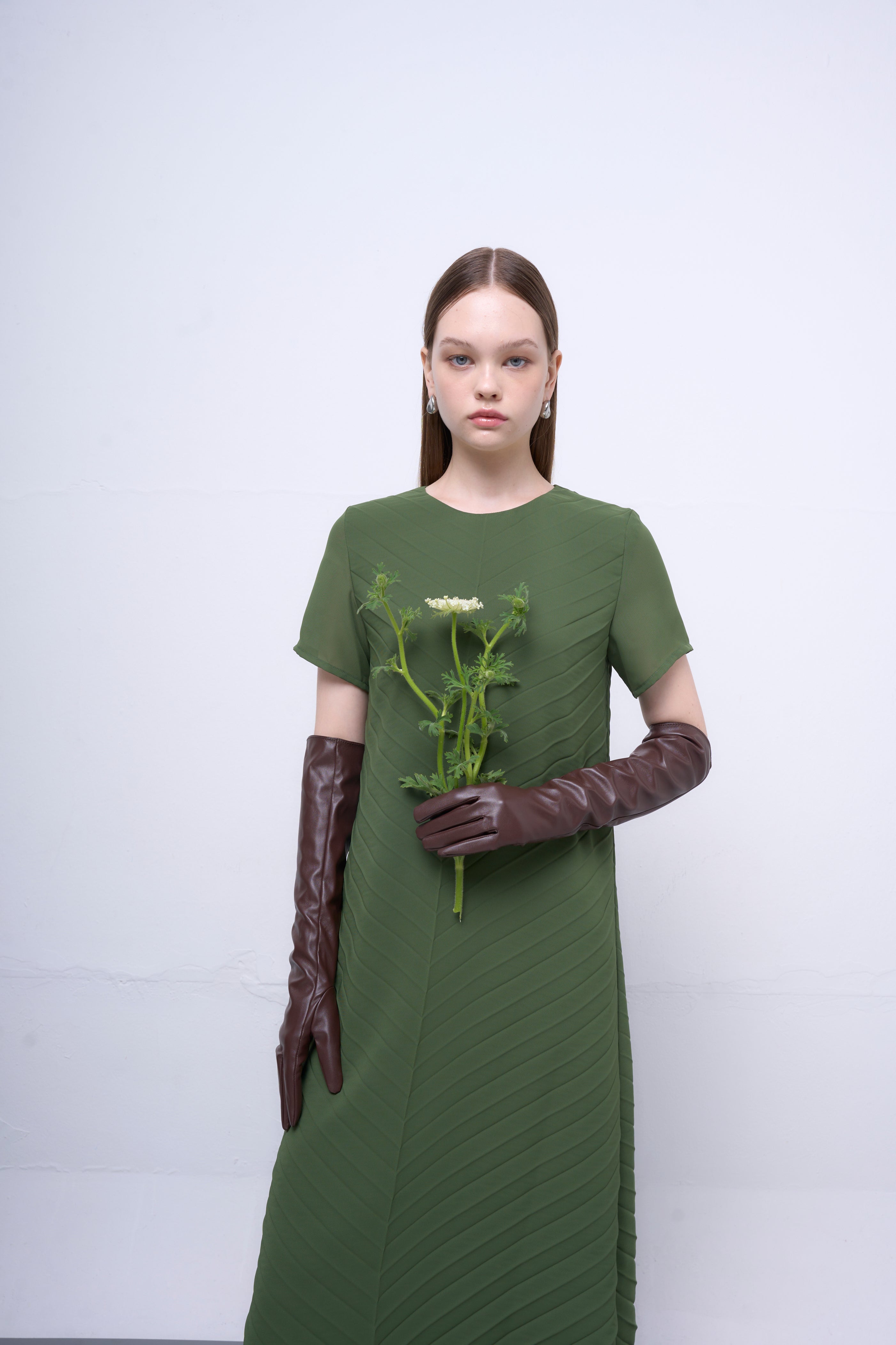 The Parrot | Liora Green Chiffon Pleated Sleeved Dress