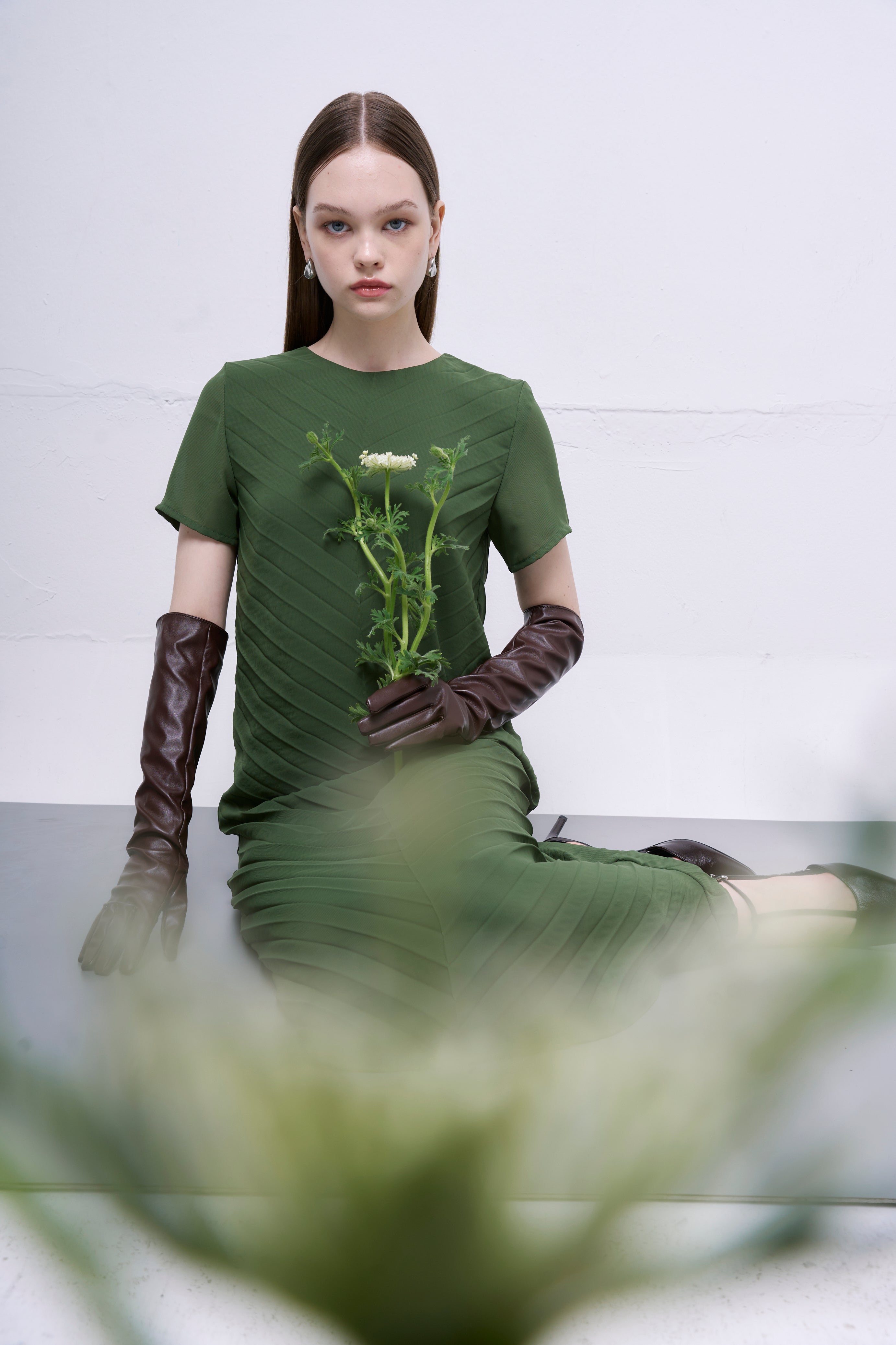 The Parrot | Liora Green Chiffon Pleated Sleeved Dress