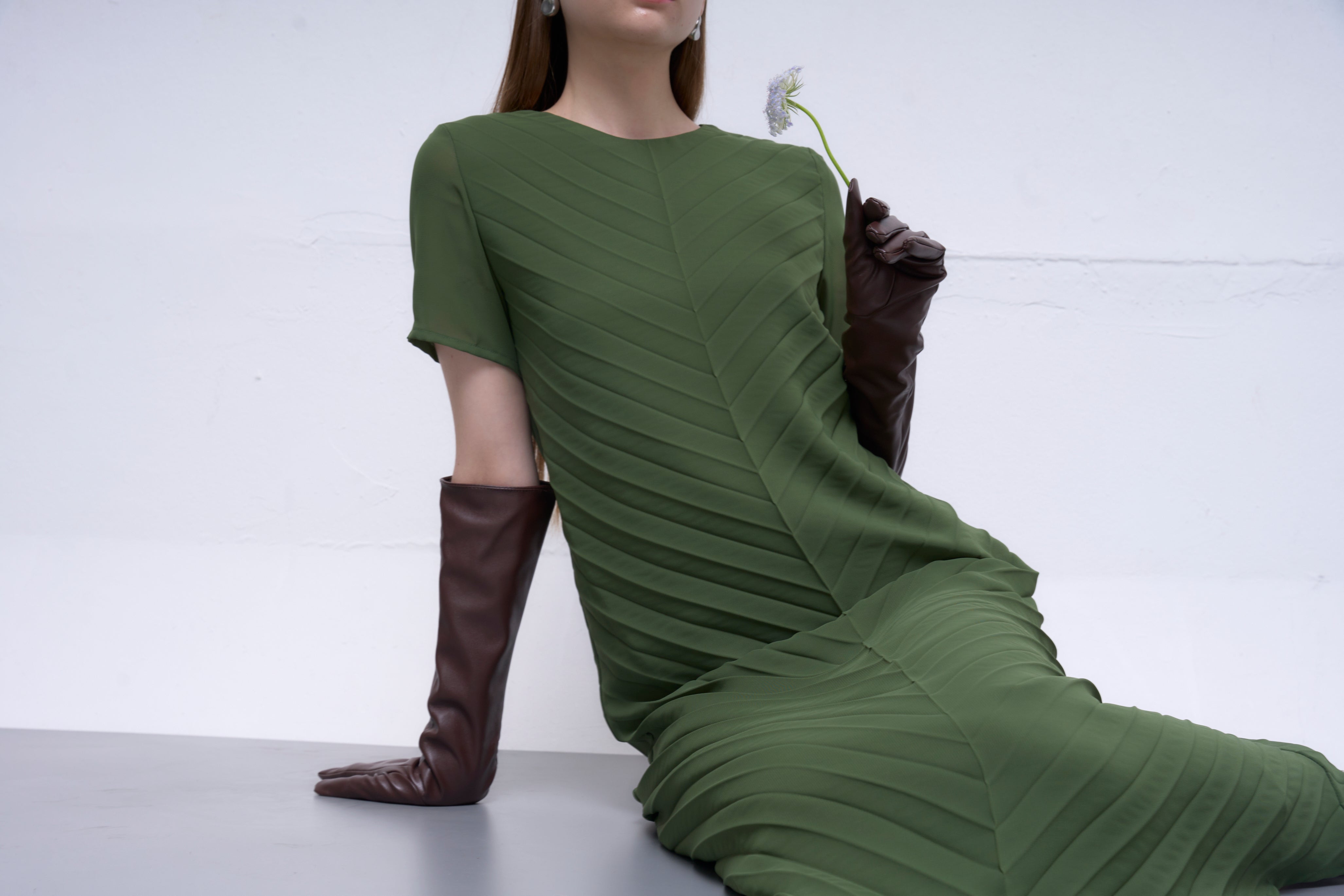 The Parrot | Liora Green Chiffon Pleated Sleeved Dress