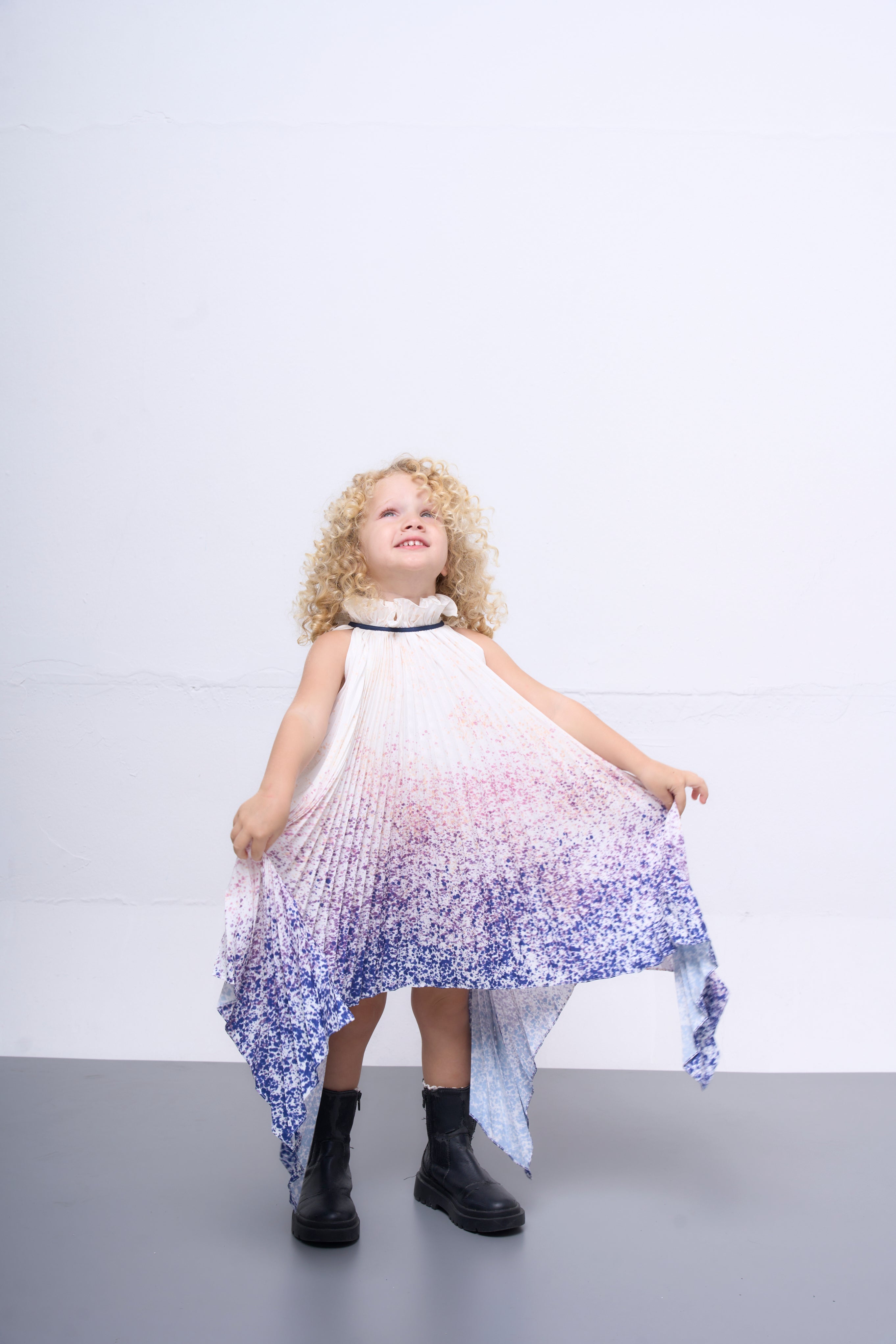 The Parrot | Aurora Blue Halter Snowflake Pleated Dress - Girl