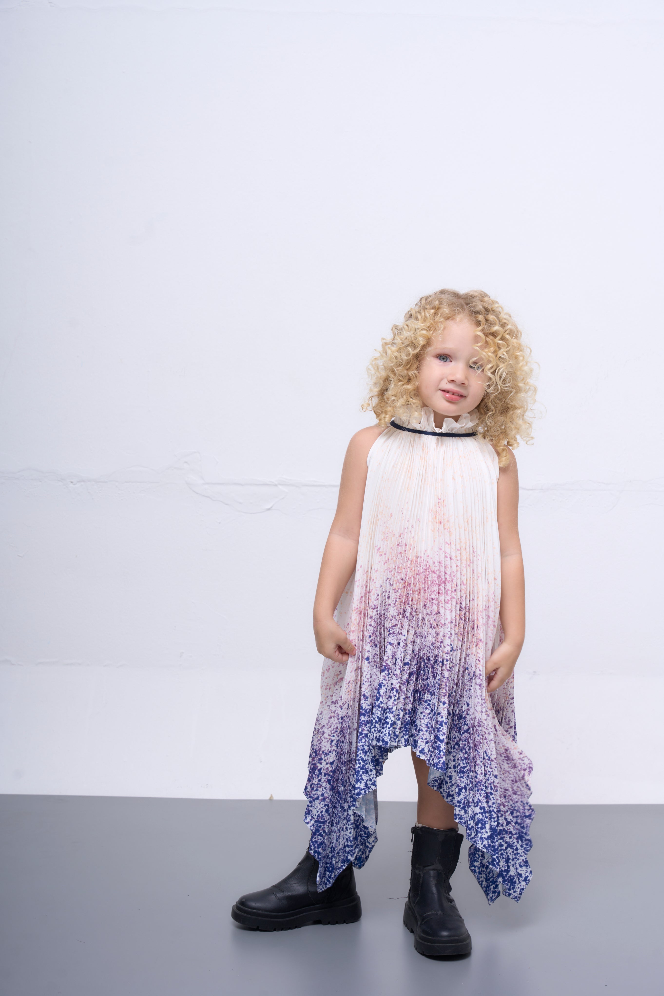 The Parrot | Aurora Blue Halter Snowflake Pleated Dress - Girl