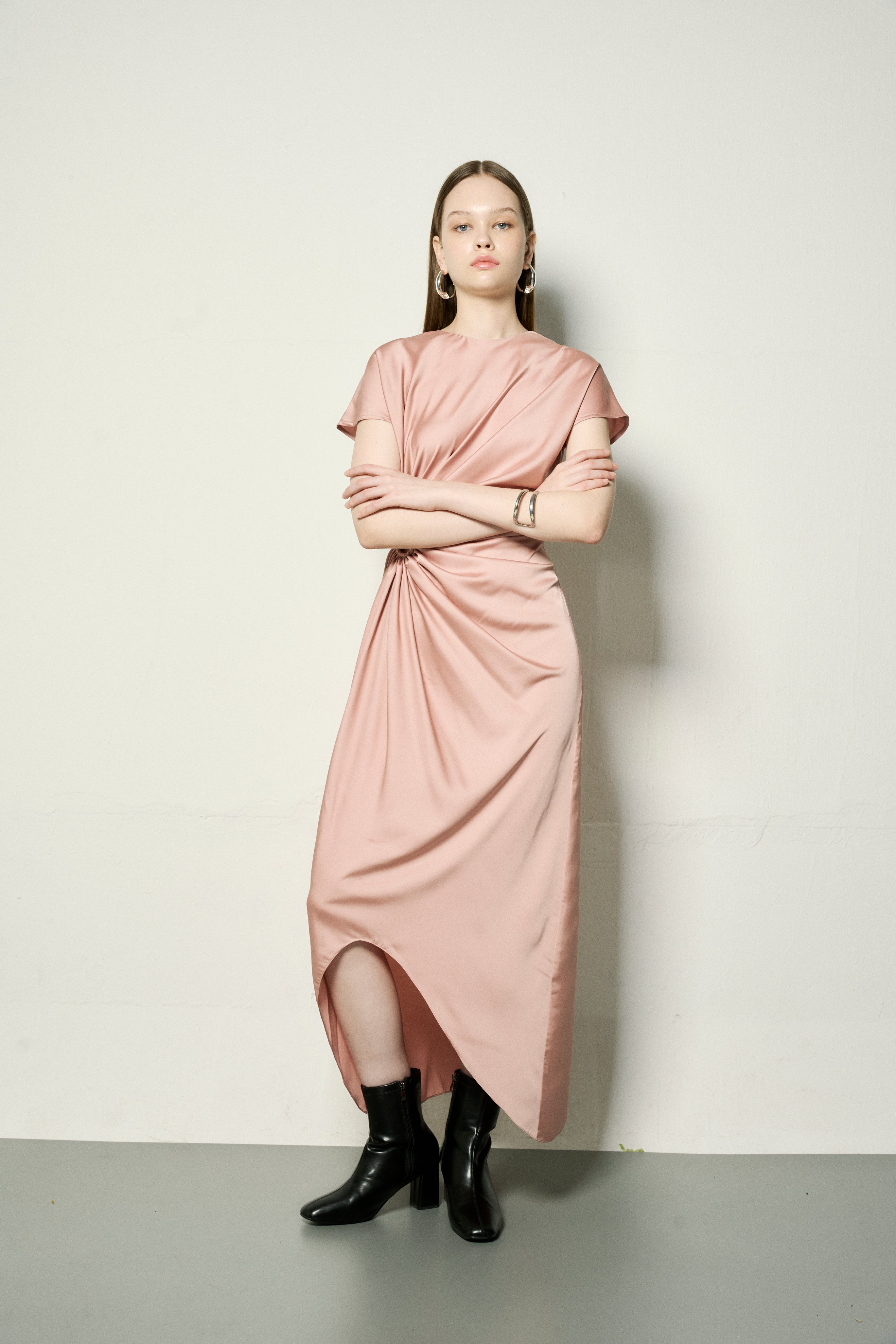 The Parrot | Elara Midi Roux Drape Dress - Champagne Pink