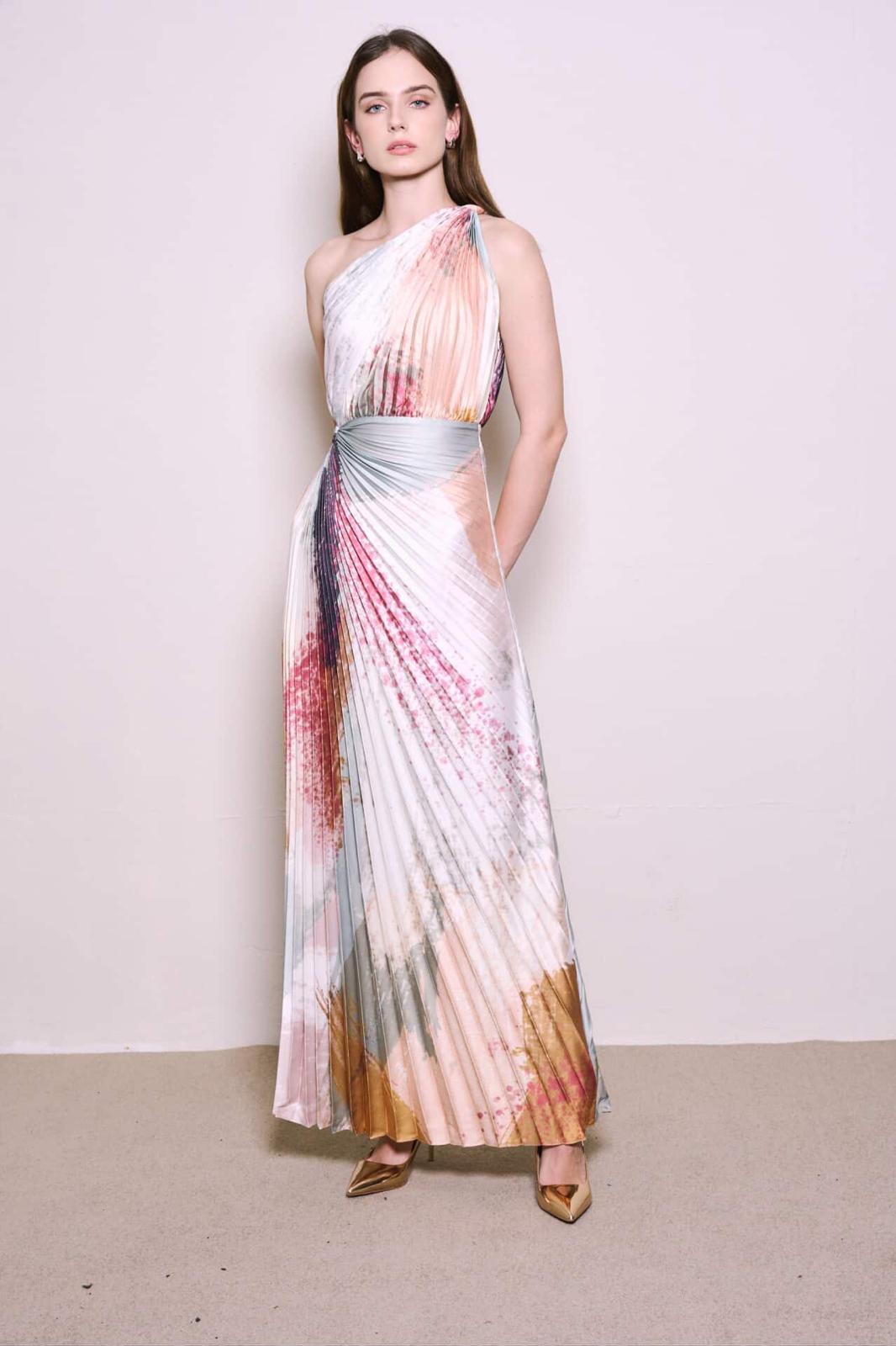 The Parrot | Signature Pleated Toga Evening Gown (Splash print)