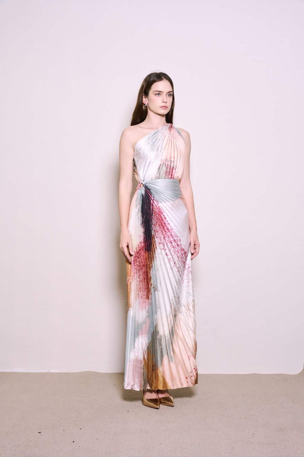 The Parrot | Signature Pleated Toga Evening Gown (Splash print)