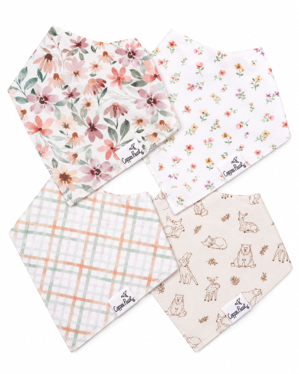 Copper Pearl Natalie four-pack baby bandana bibs in floral, plaid and woodland animal prints