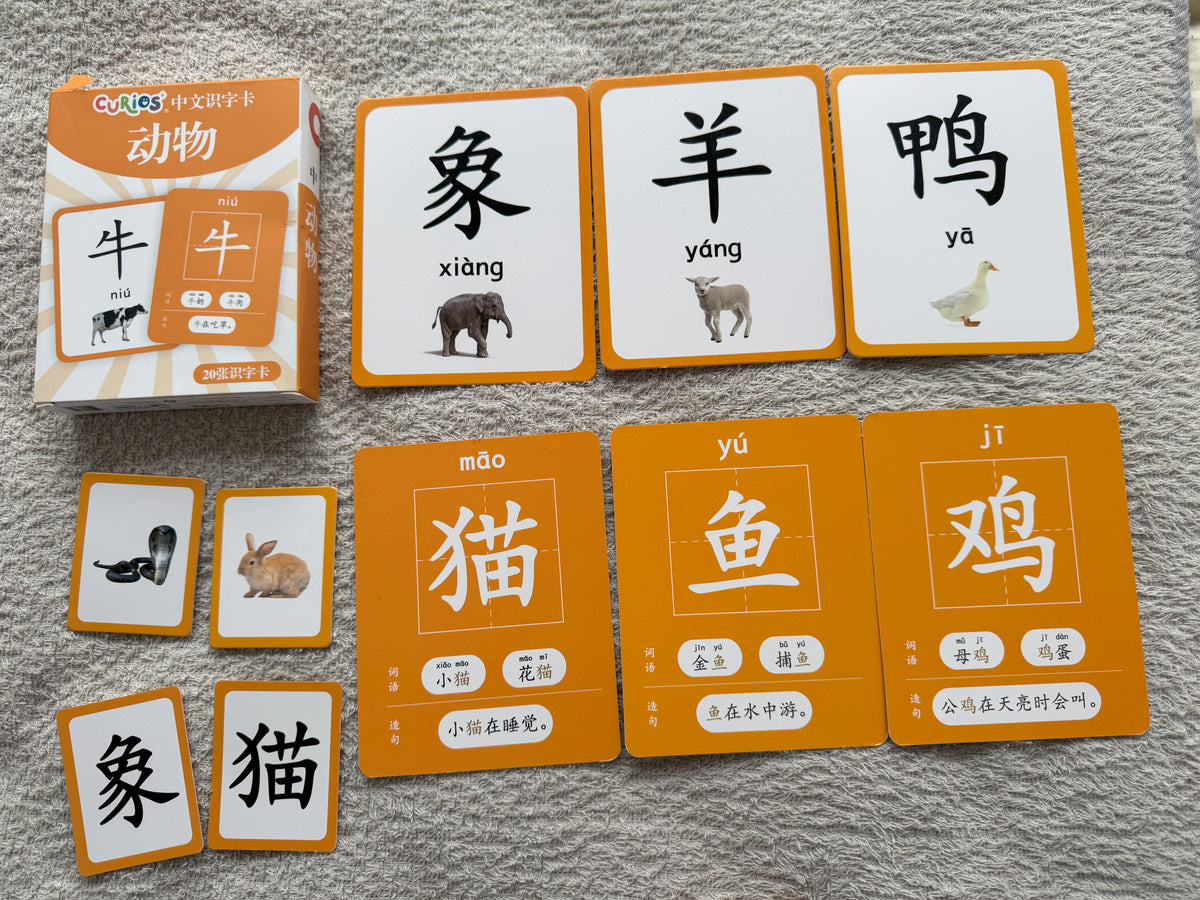 Curios Chinese animal flashcards for kids showing characters, pinyin and animal pictures