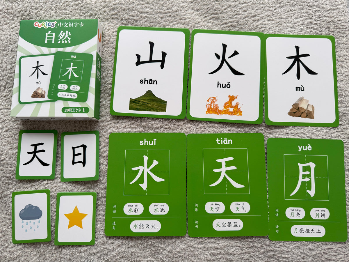 Curios Chinese nature flashcards showing mountain, fire and wood with characters, pinyin and pictures