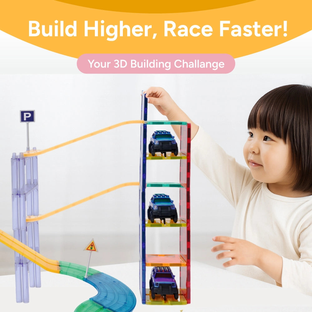 3D magnetic racing track|kids engineering toy|motorized race car set|STEM learning toy|creative building play