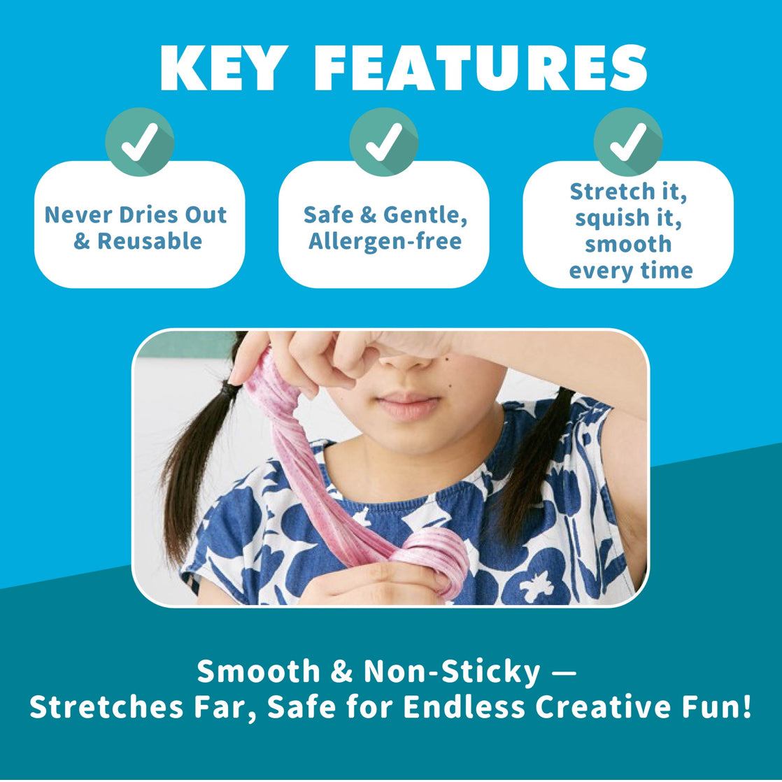 Key features of Mamayo liquid clay|sensory toy |reusable|allergen-free|stretchy|non-messy texture|never dry