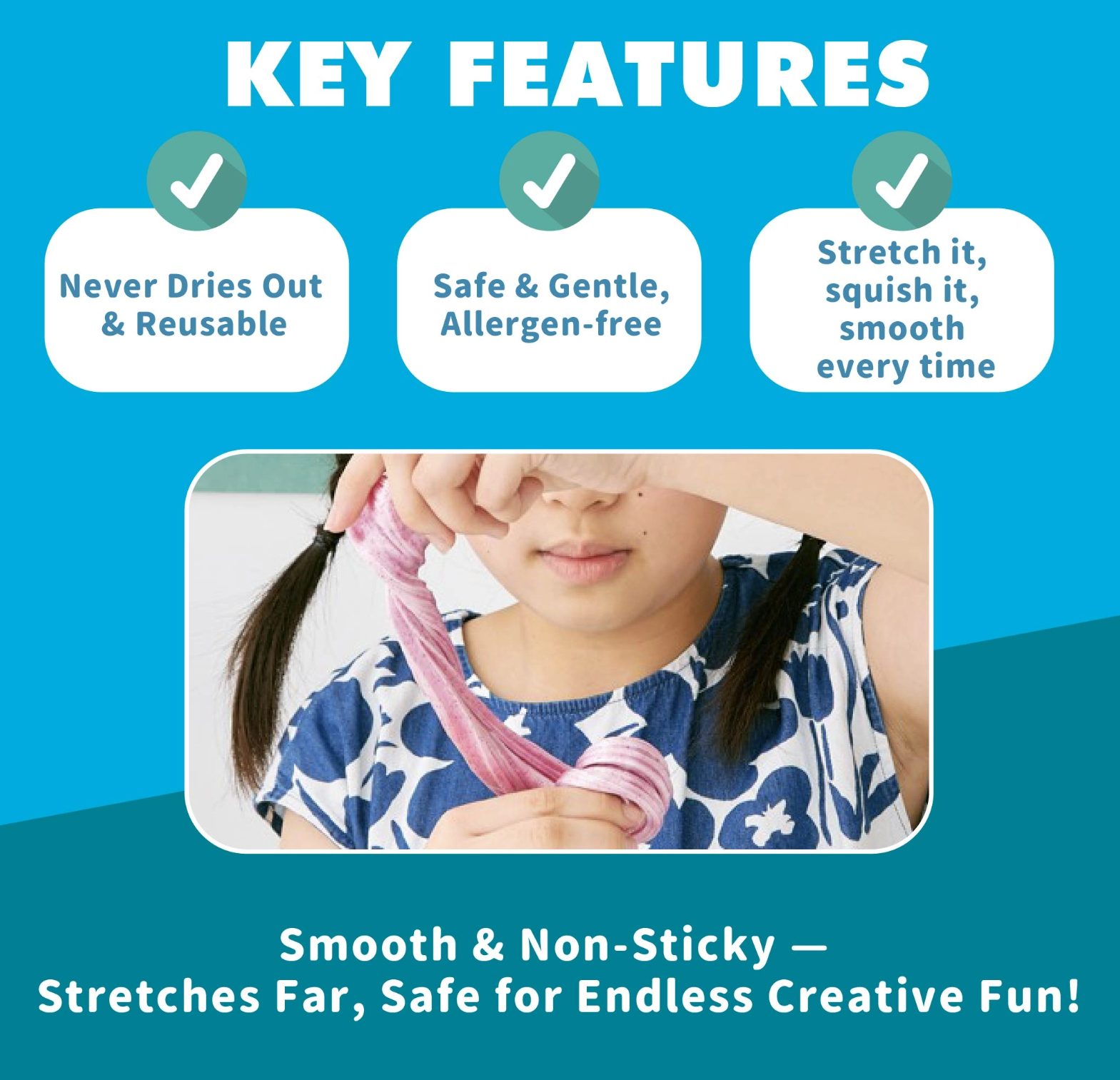 Key features of Mamayo liquid clay|sensory toy |reusable|allergen-free|stretchy|non-messy texture|never dry