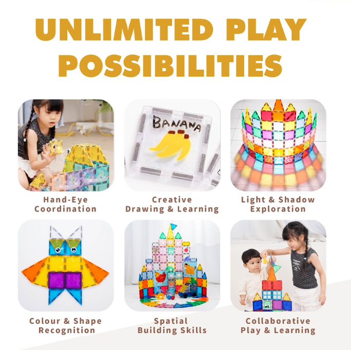 magnetic tiles learning toy|STEM toy for kids|creative building play|hand eye coordination|spatial skills