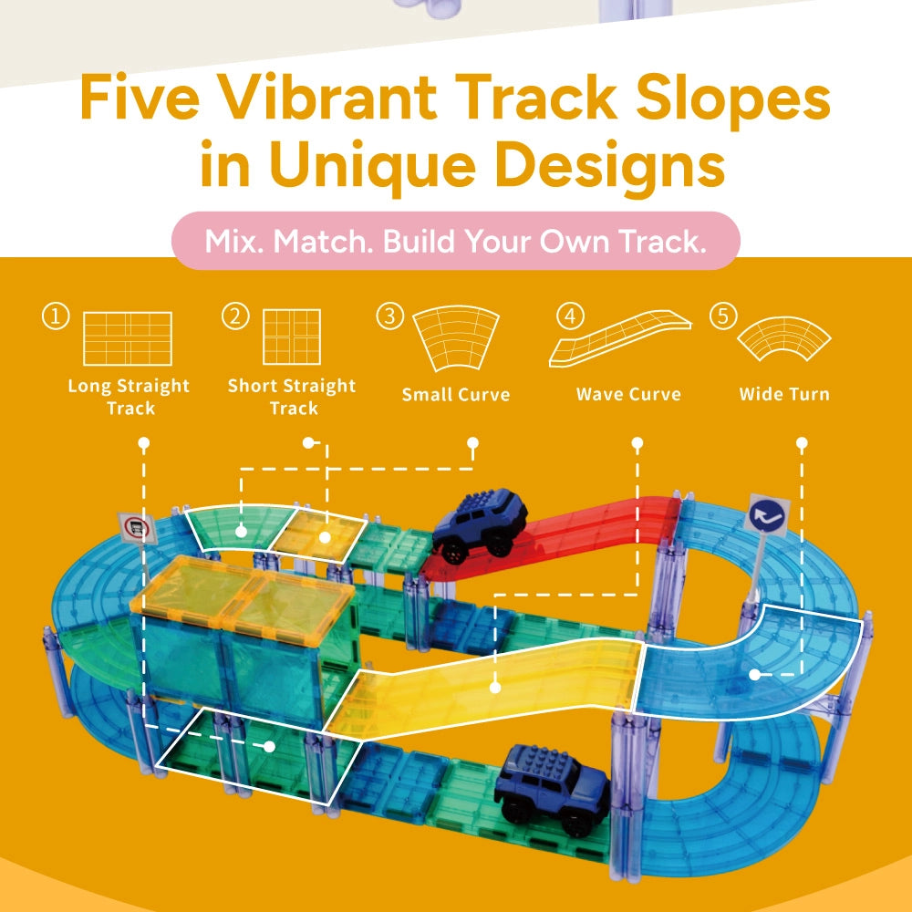 magnetic race track slopes|flexible racing track|motorized car track|STEM magnetic toy|kids building activity