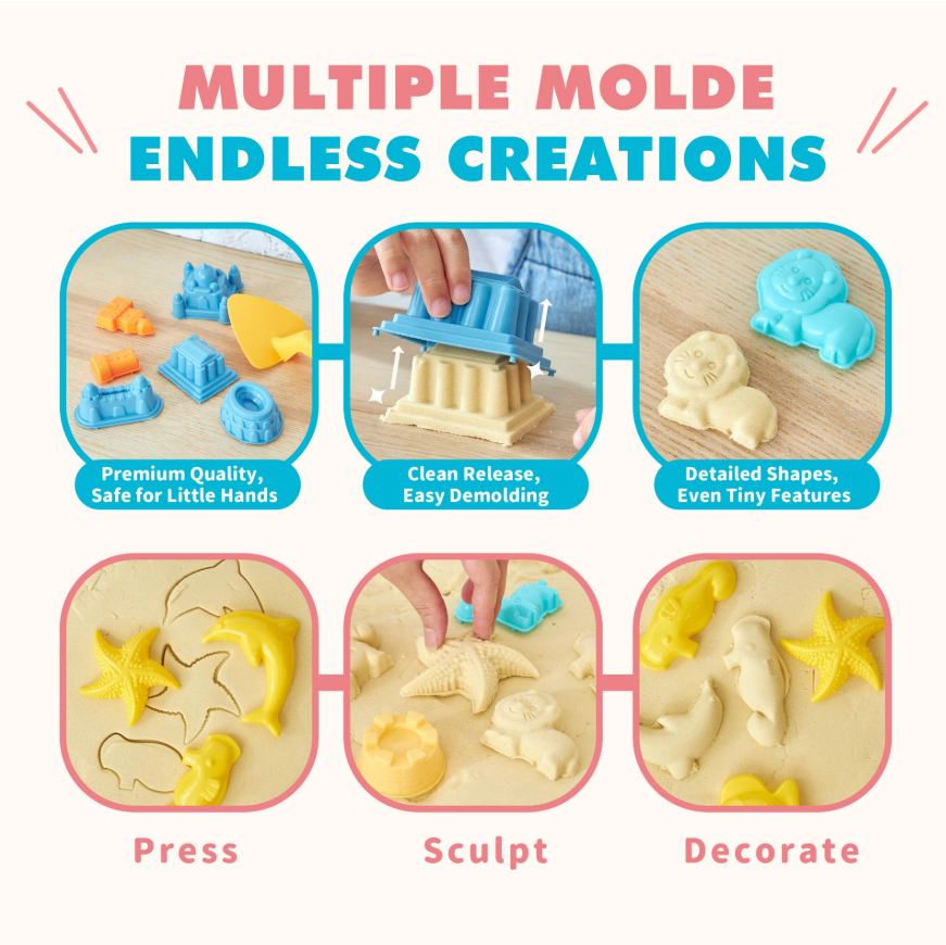 kinetic sand molds|creative sand sculpting|kids sensory play set|easy demolding sand toys|DIY sand art