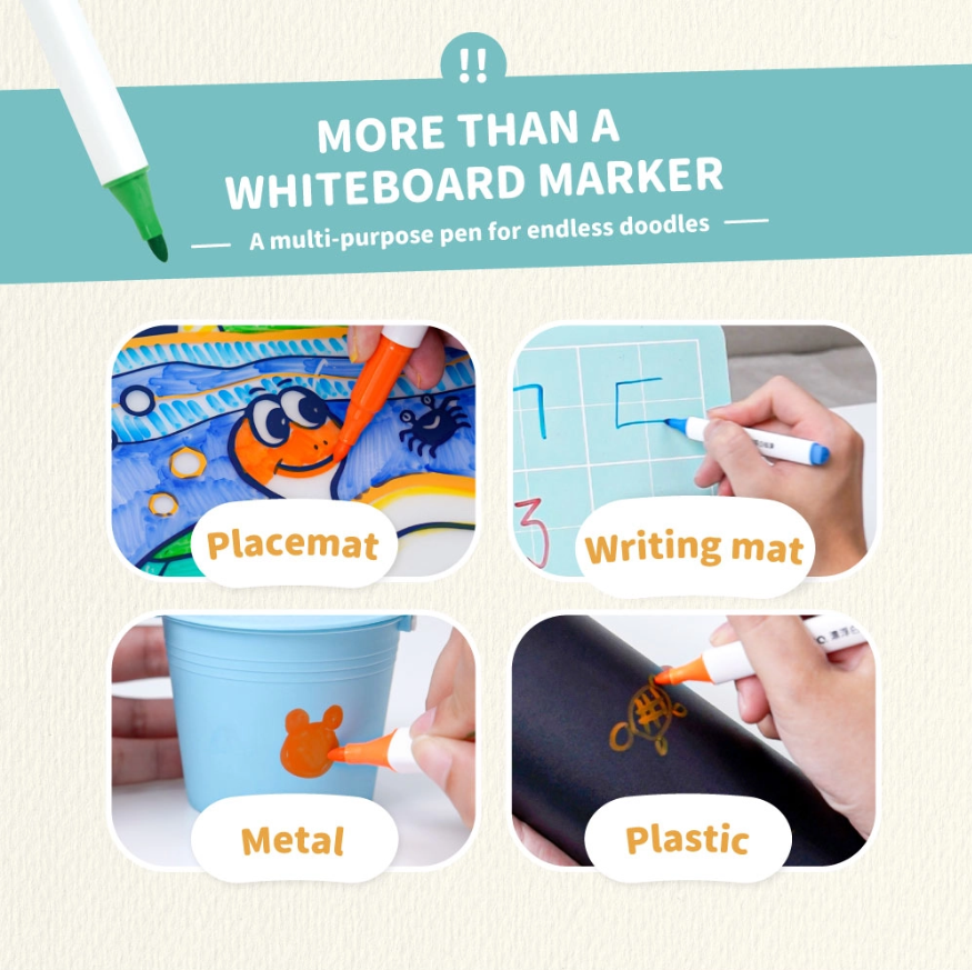 multipurpose whiteboard markers|kids doodle markers|drawing on plastic metal mat|creative play|screen free activity