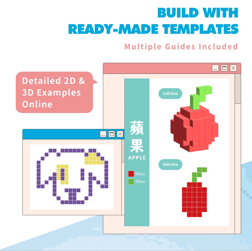 pixel clay template guide|2D and 3D building examples|kids DIY pixel art activity|creative learning toy|Mamayo