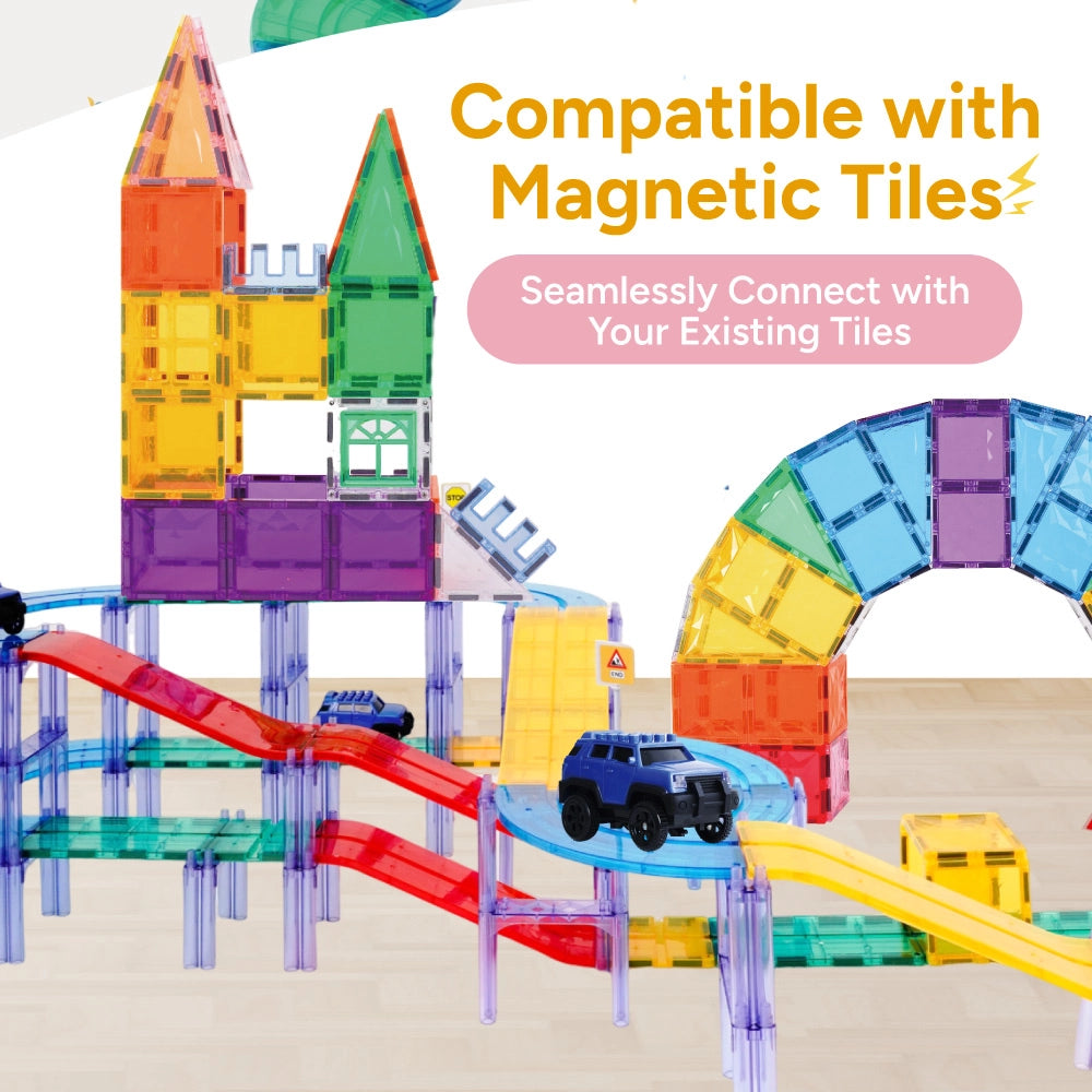 compatible magnetic tiles track|expandable race track set|magnetic building blocks|STEM toy for kids|creative play